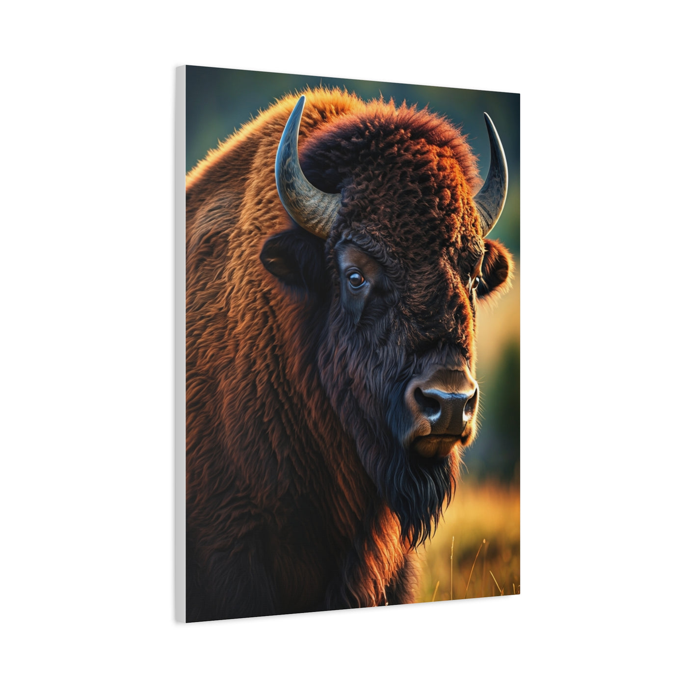 Golden Hour Bison Side Portrait with Warm Prairie Light Wall Art & Canvas Print