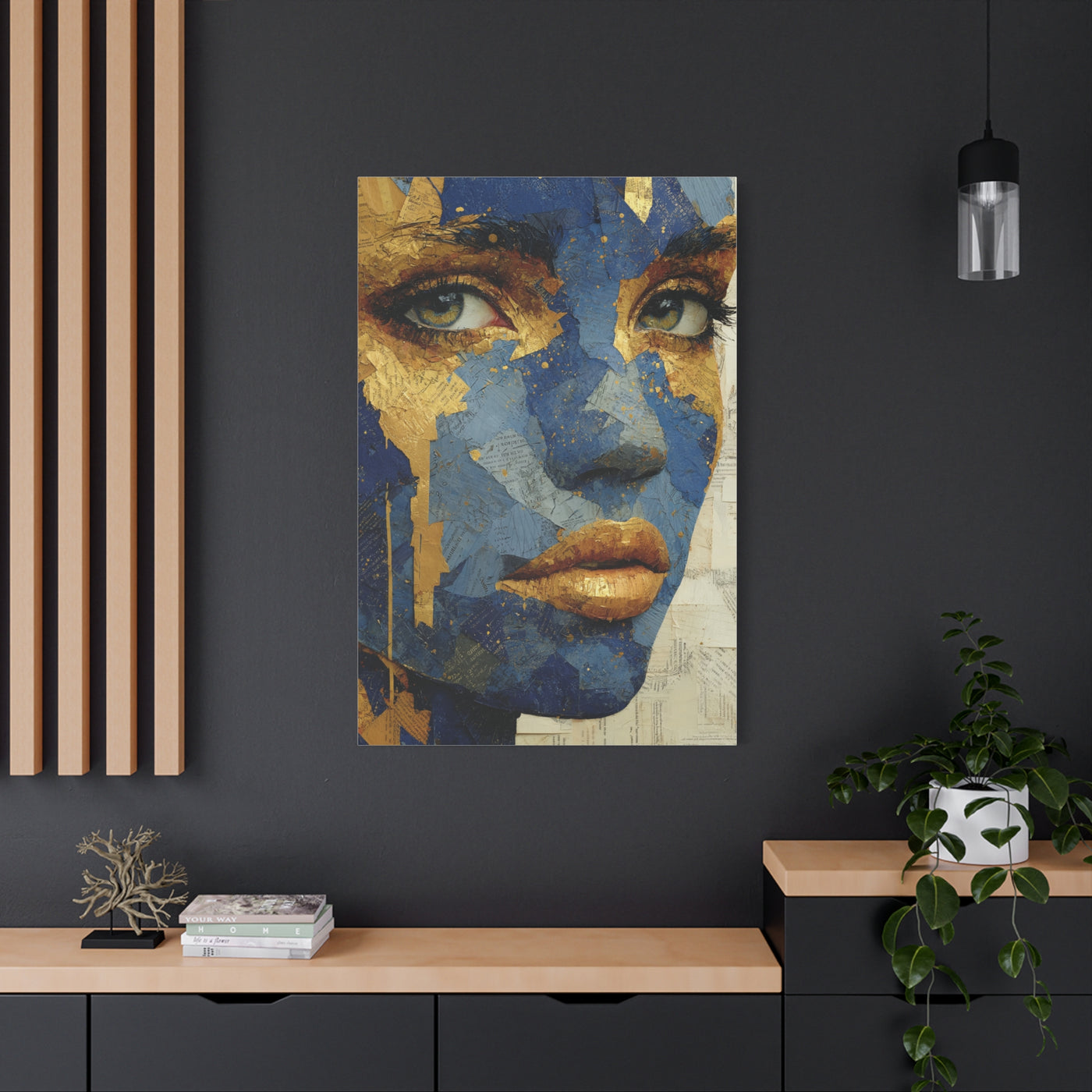 Blue and Gold Abstract Face Collage Wall Art & Canvas Print