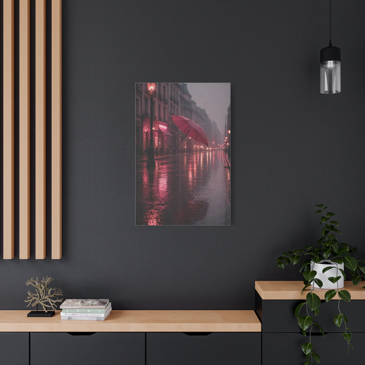 Romantic Pink Rain Street Reflection Wall Art & Canvas Print