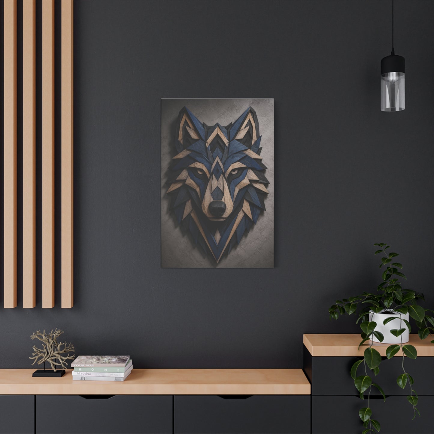 Layered Blue Geometric Wolf Head Sculpture Wall Art & Canvas Print