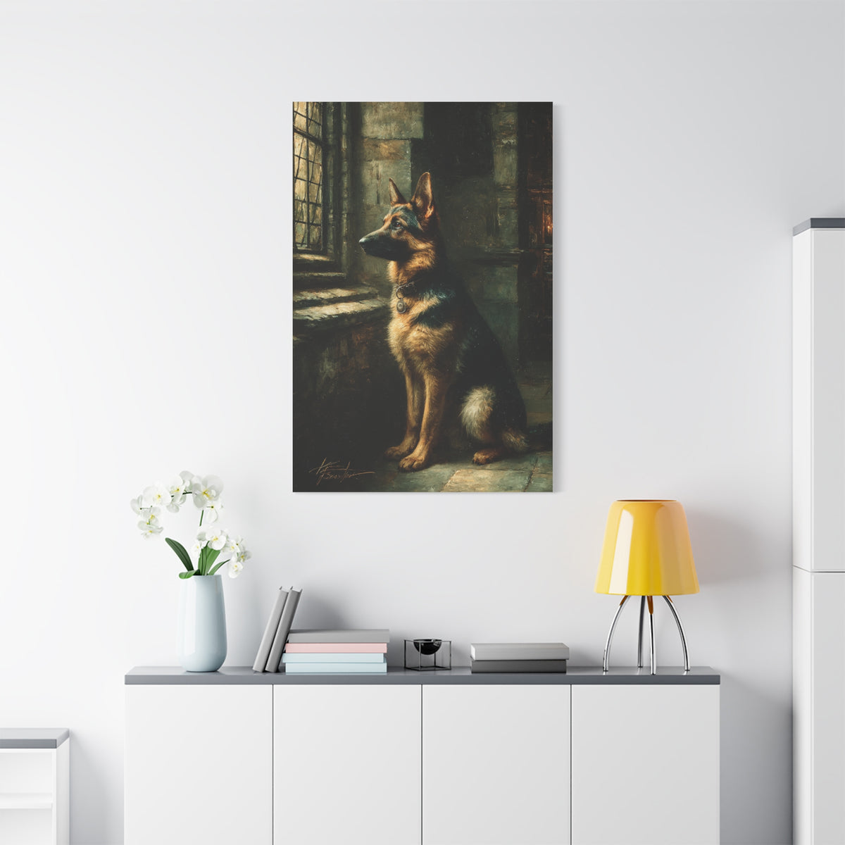 German Shepherd by Window Wall Art & Canvas Print