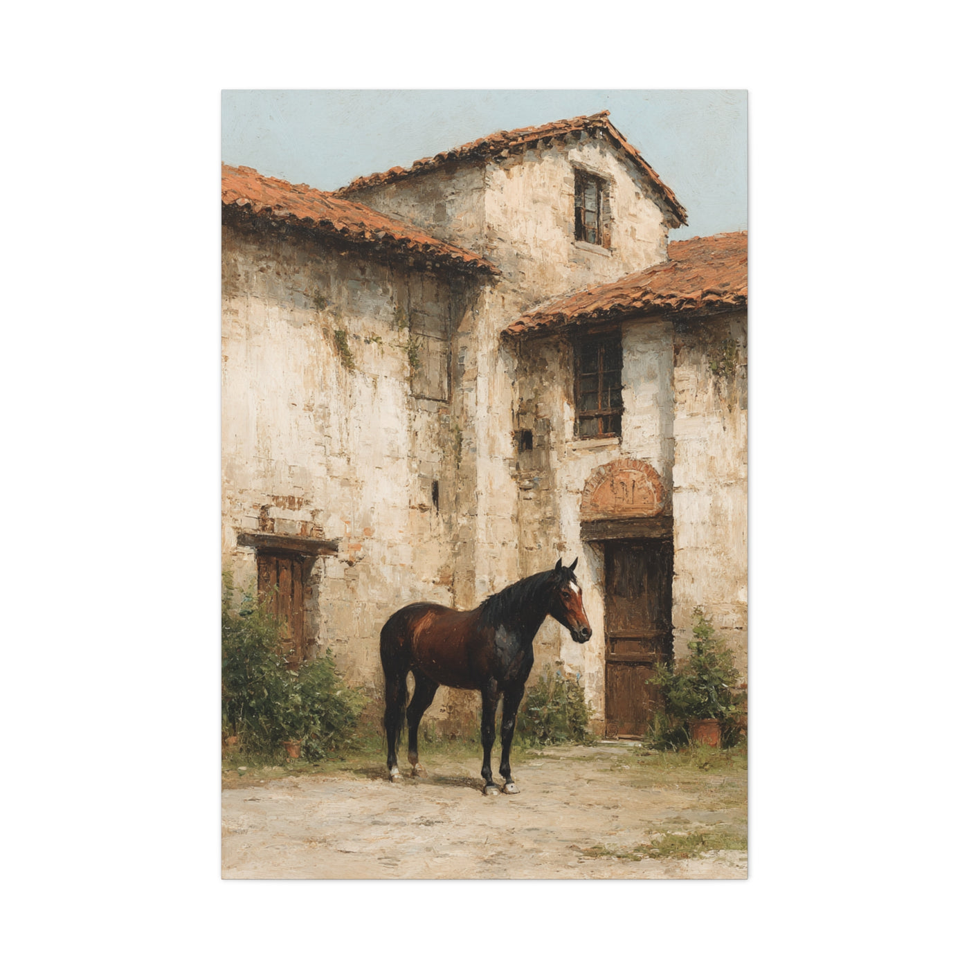 Rustic Courtyard Horse Scene Wall Art & Canvas Print
