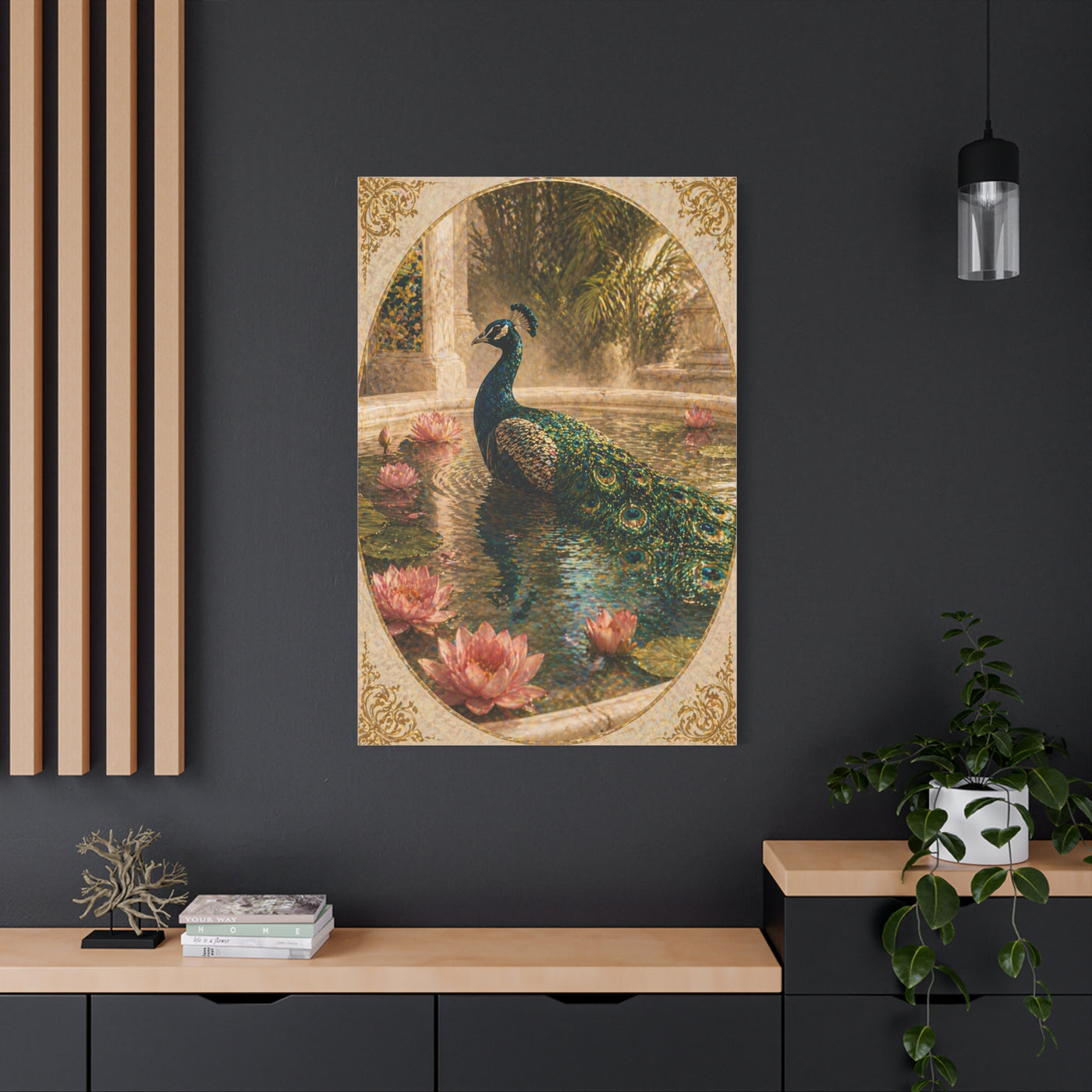 Lotus Pool Peacock Reflection Wall Art & Canvas Print