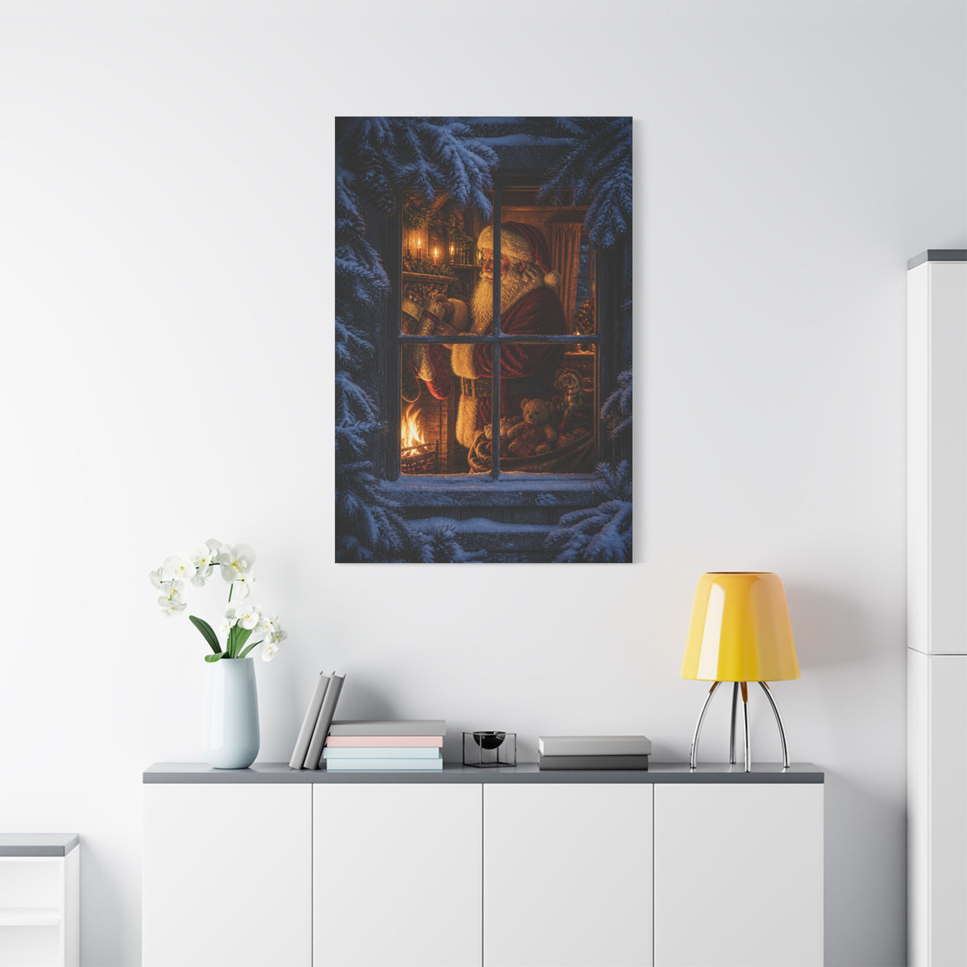 Snowy Cottage Window Santa Scene Wall Art & Canvas Print