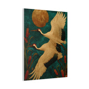 Golden Moon & Green Sky Crane Flight Wall Art & Canvas Print