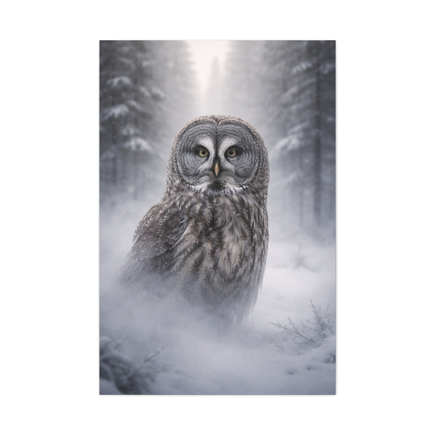 Great Grey Owl Winter Mist Portrait Wall Art & Canvas Print