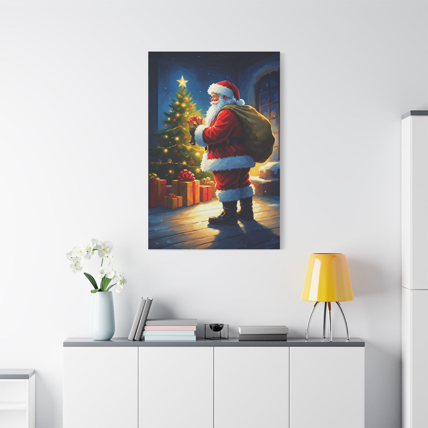 Painted Santa Delivering Gifts at Christmas Night Wall Art & Canvas Print