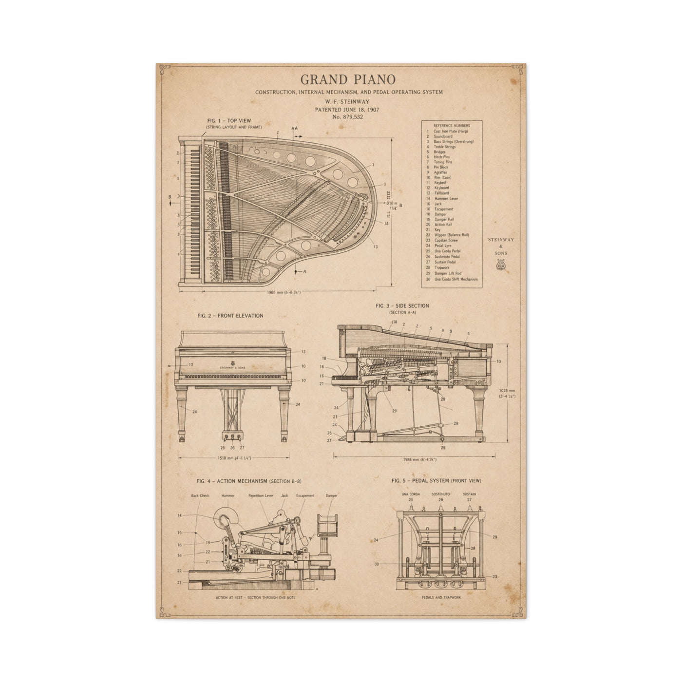 Steinway Grand Piano Technical Diagram Wall Art & Canvas Print