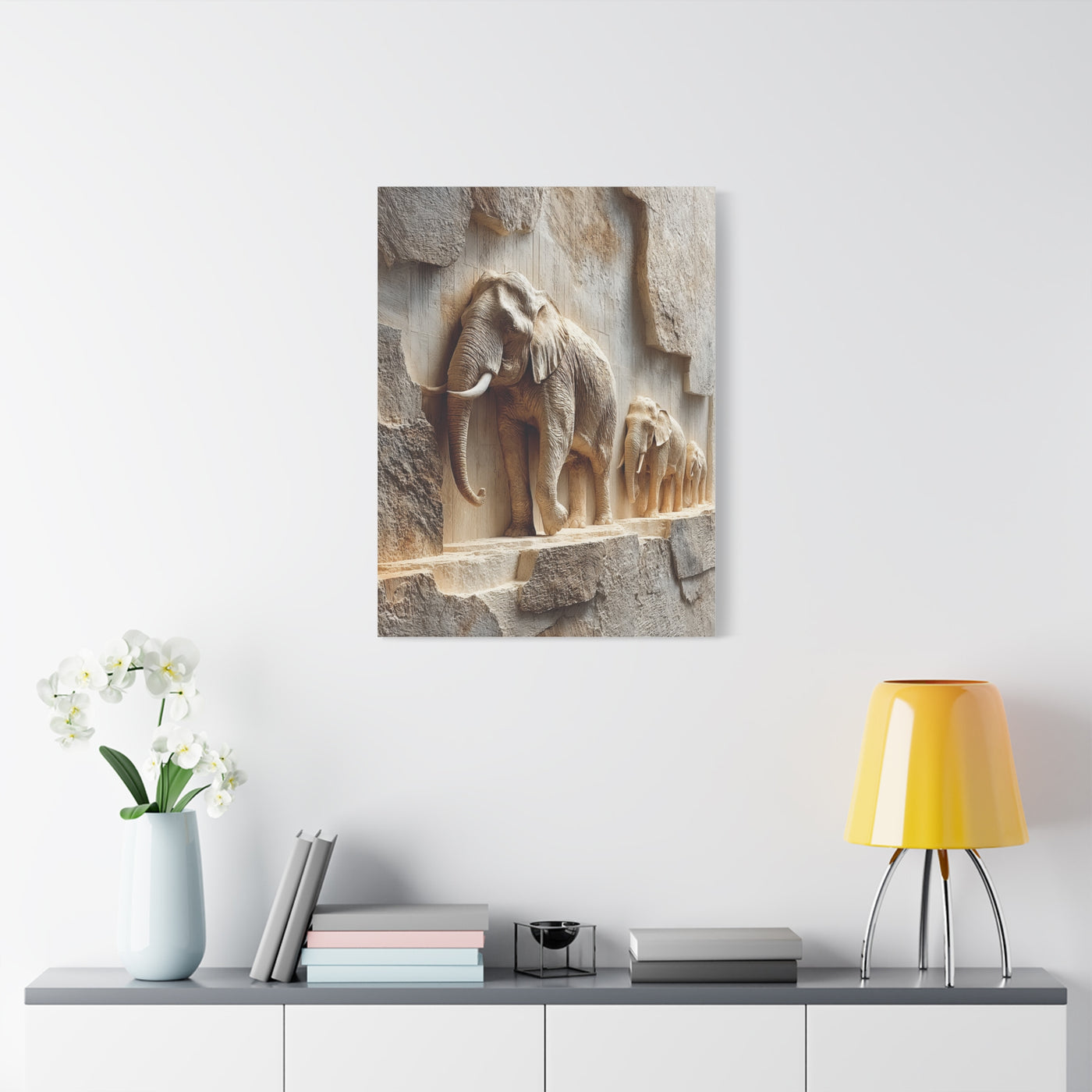 Elephant Procession Stone Relief Wall Art & Canvas Print