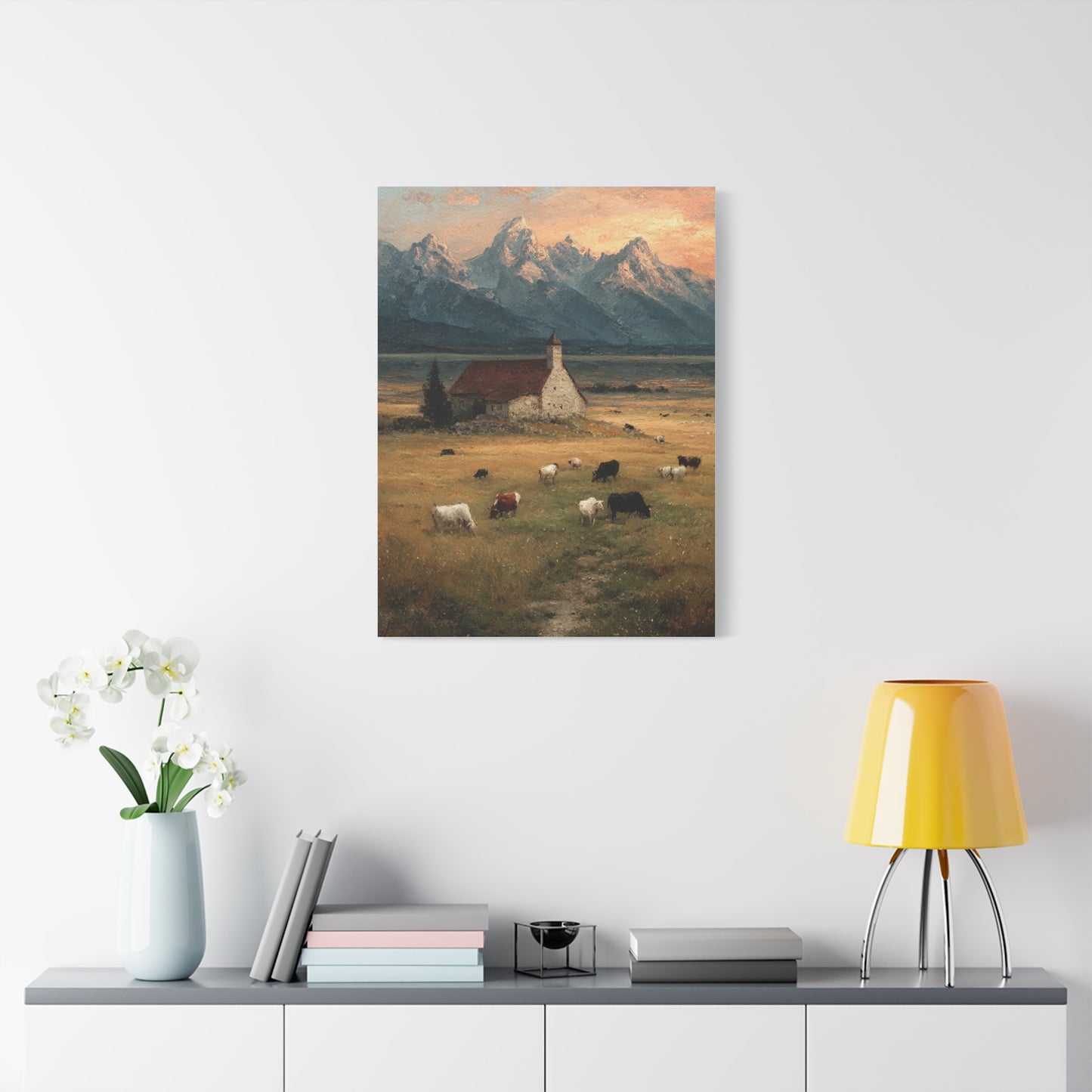 Rustic Mountain Farm Bulls & Cows Painting Wall Art & Canvas Print