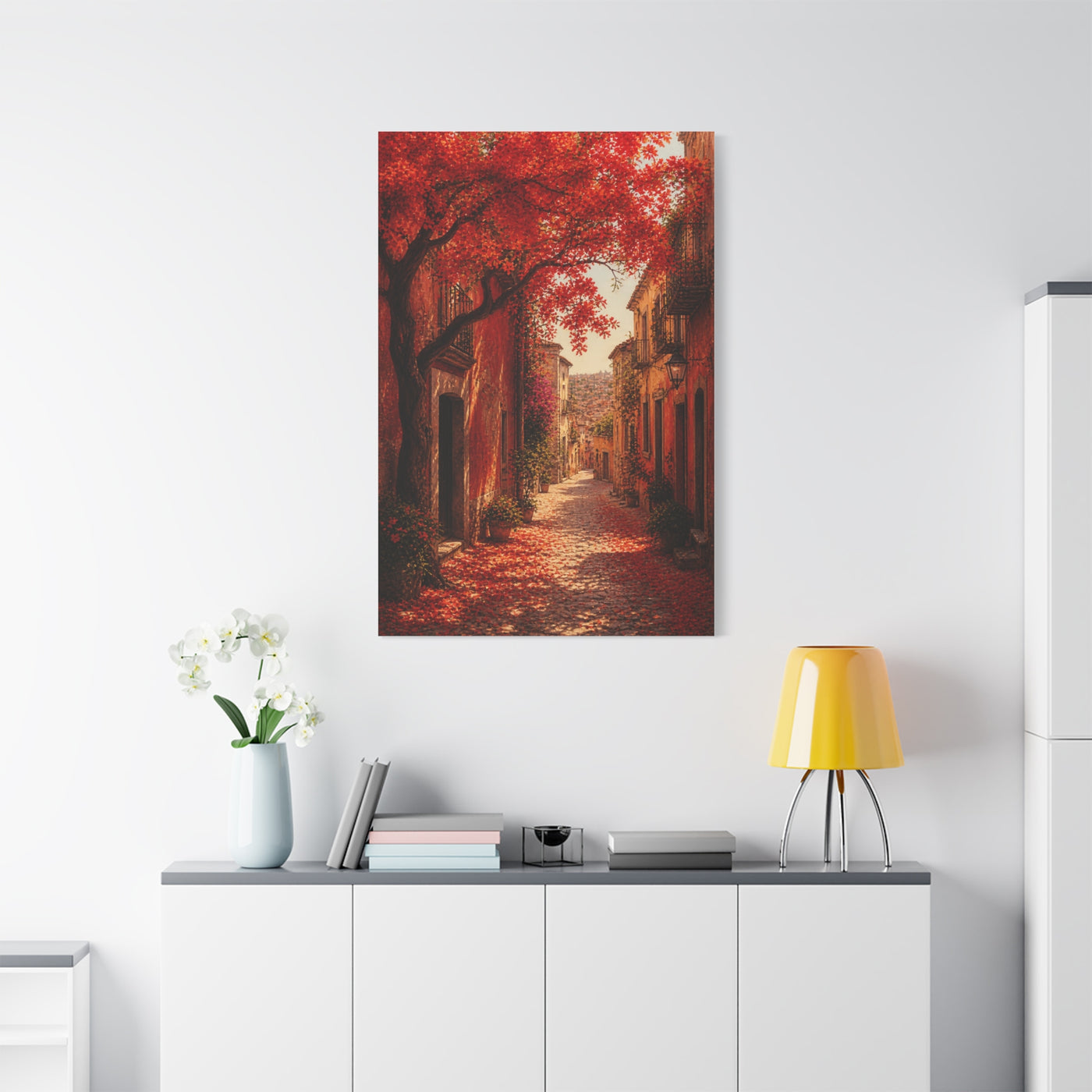 Autumn Red Blossom Street Scene Wall Art & Canvas Print