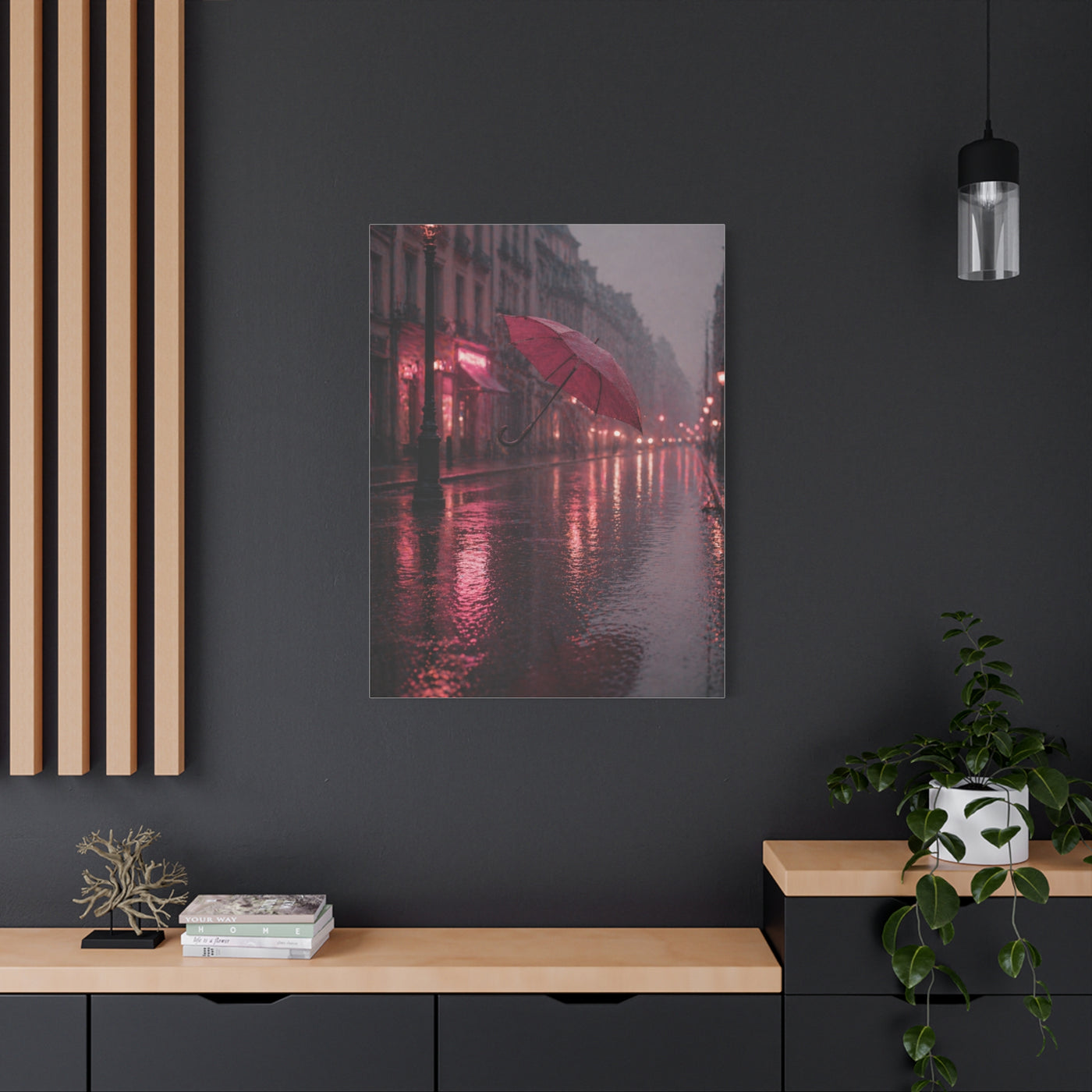 Romantic Pink Rain Street Reflection Wall Art & Canvas Print