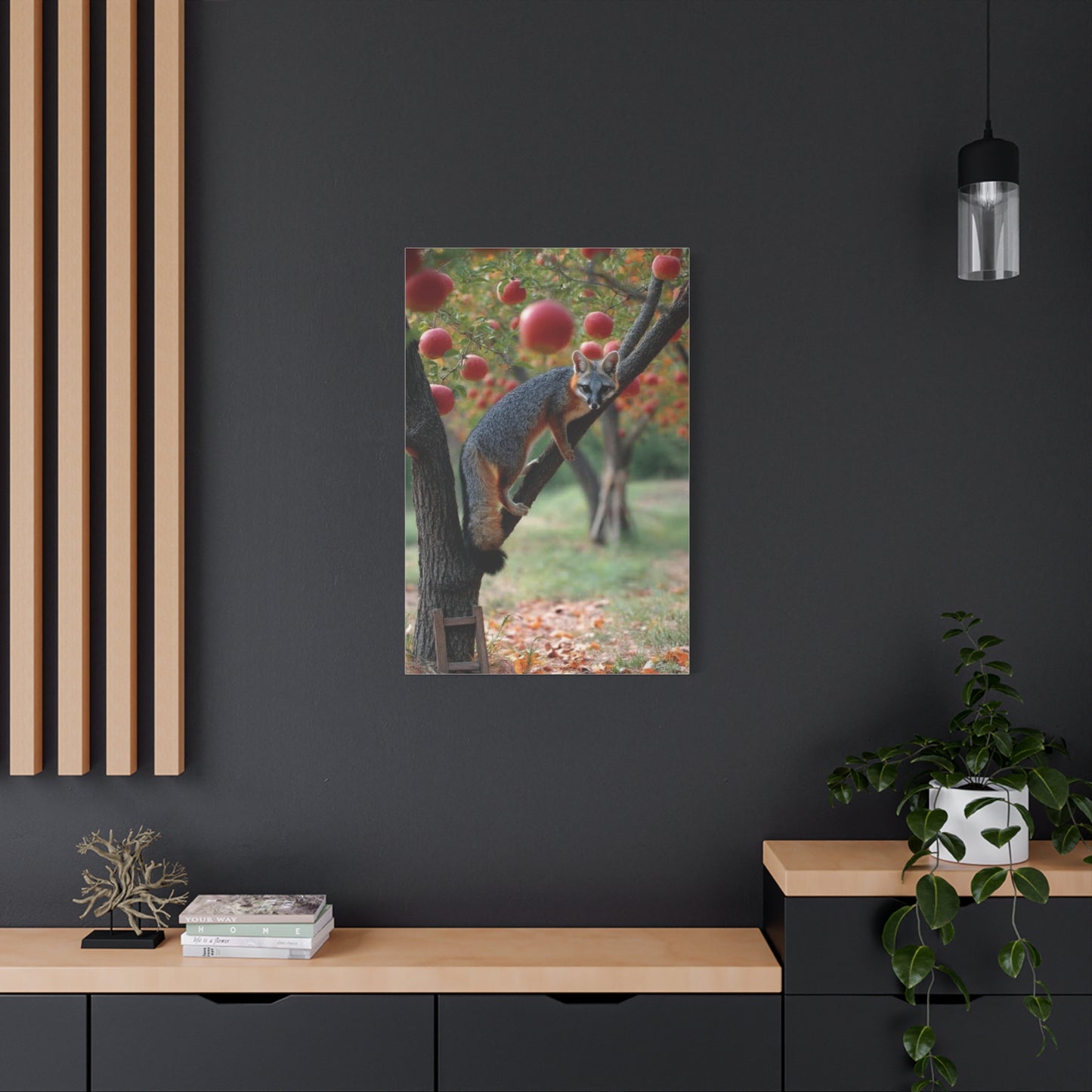 Orchard Gray Fox Climbing Apple Tree Wall Art & Canvas Print