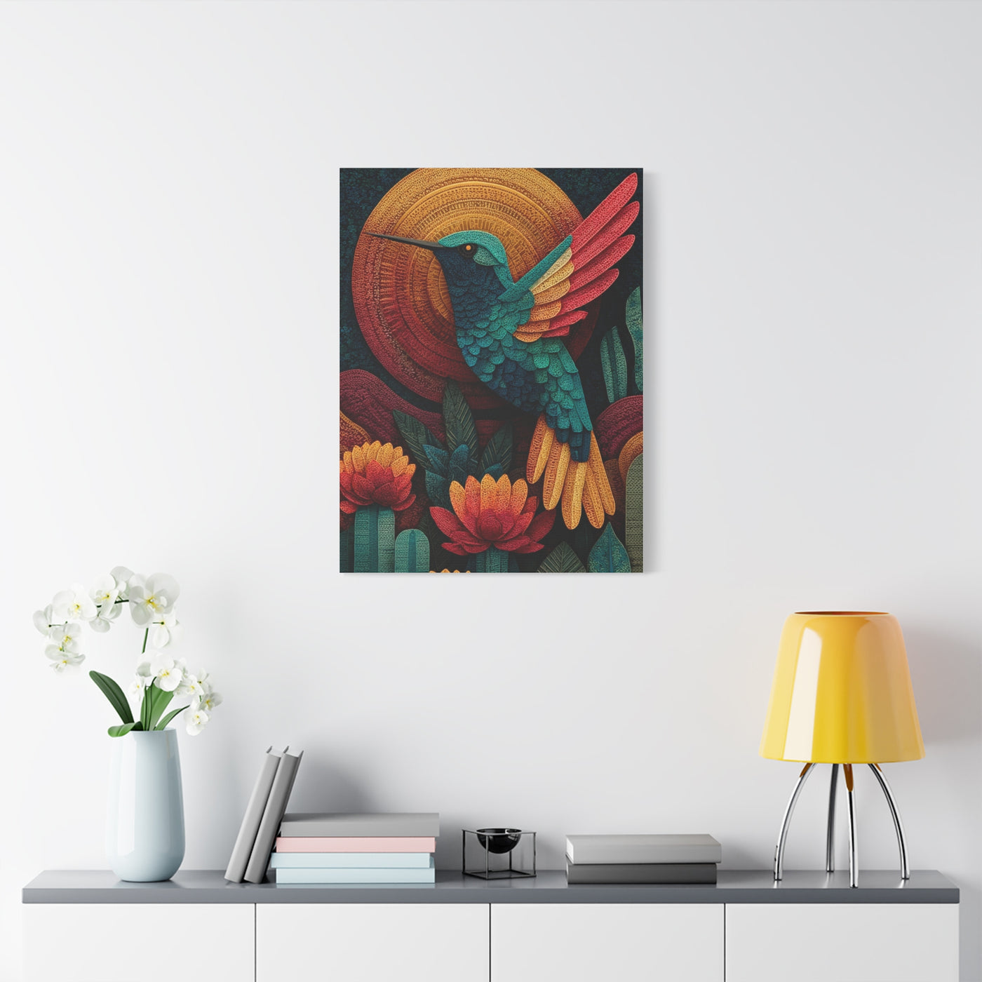 Mexican Hummingbird Sun Disc Folk Wall Art & Canvas Print