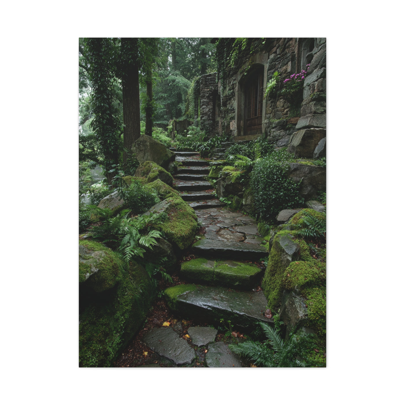 Green Moss-Covered Garden Staircase Wall Art & Canvas Print