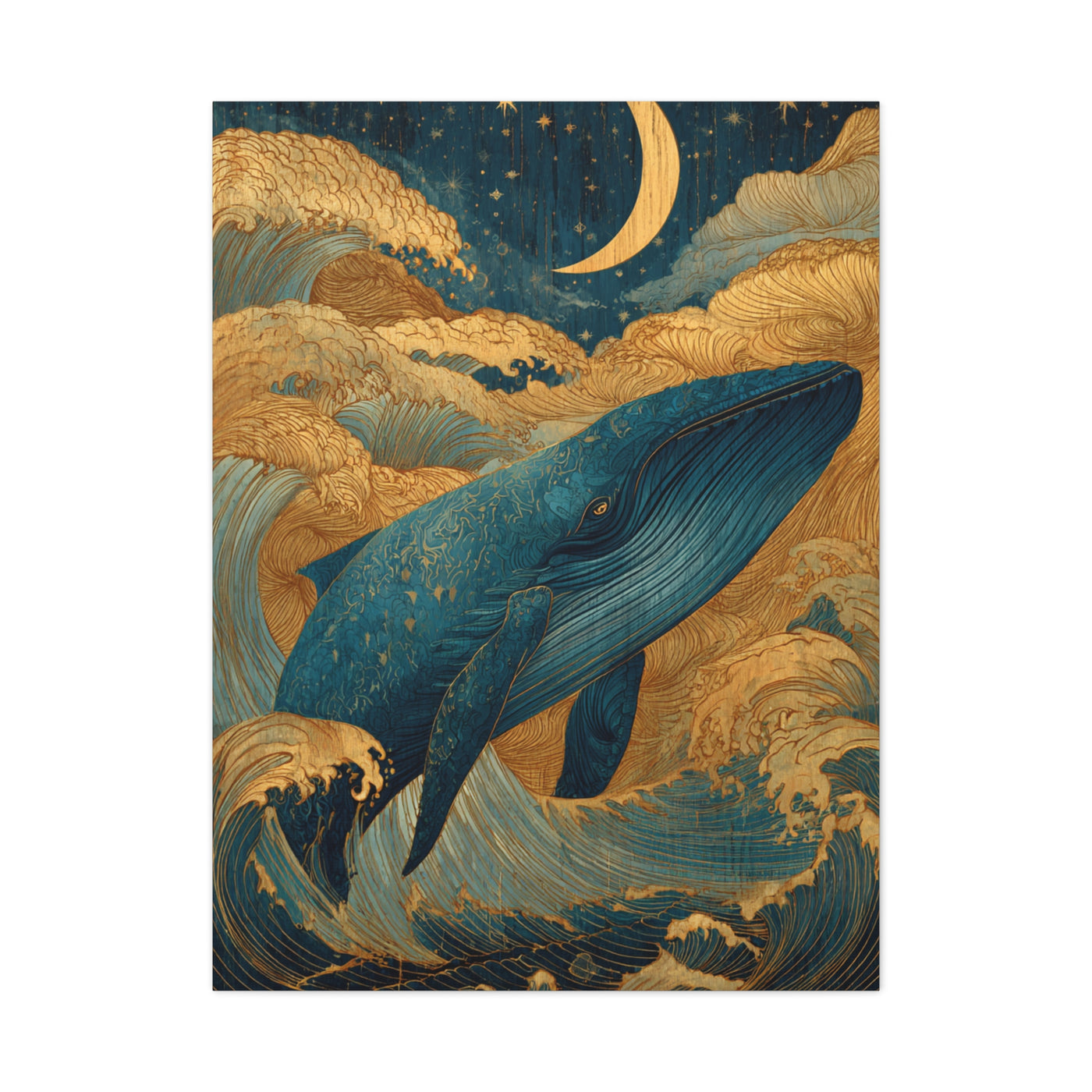 Folk Whale Moonlit Ocean Wall Art & Canvas Print