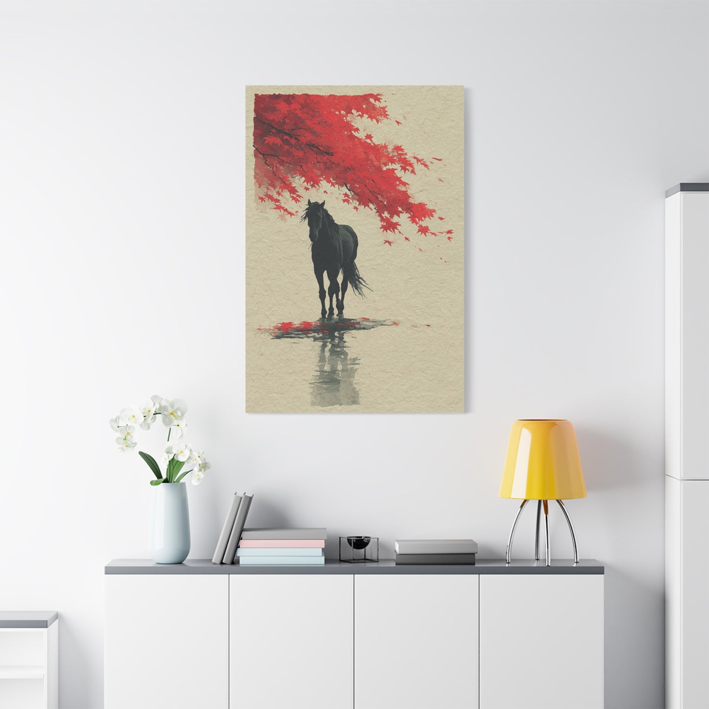 Minimal Horse Silhouette Under Red Maple Wall Art & Canvas Print