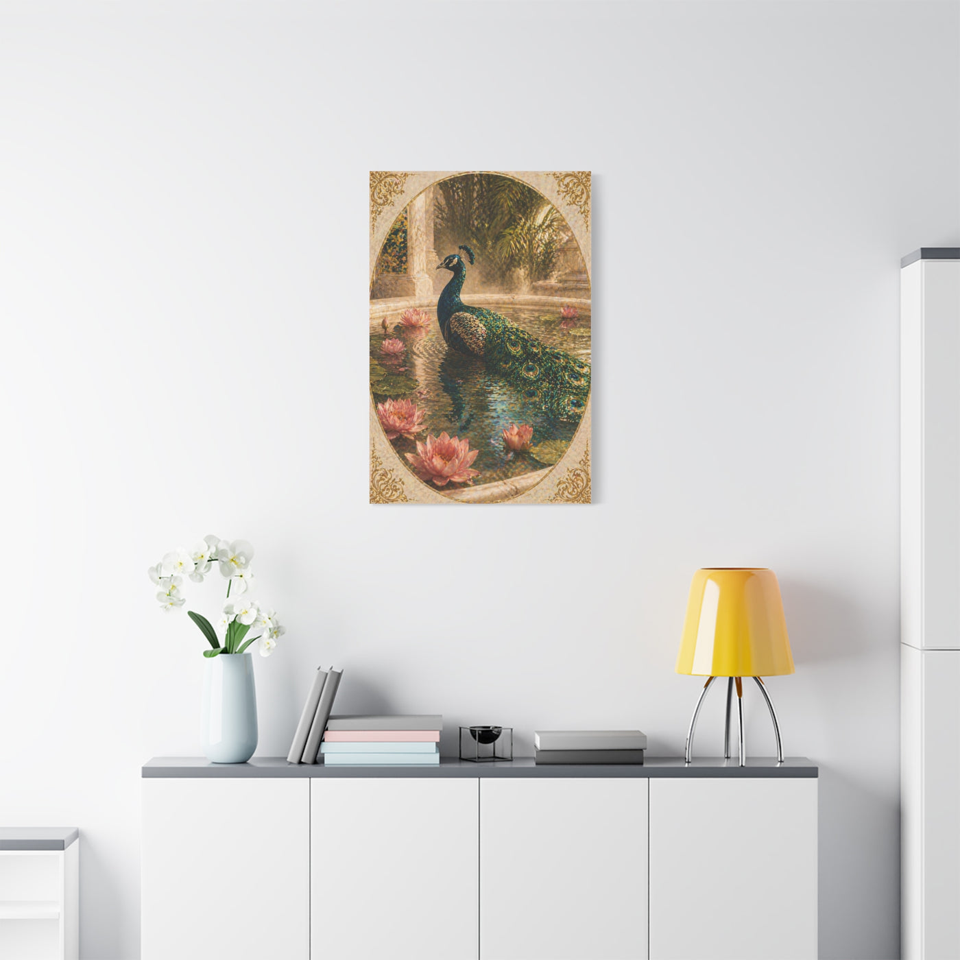 Lotus Pool Peacock Reflection Wall Art & Canvas Print