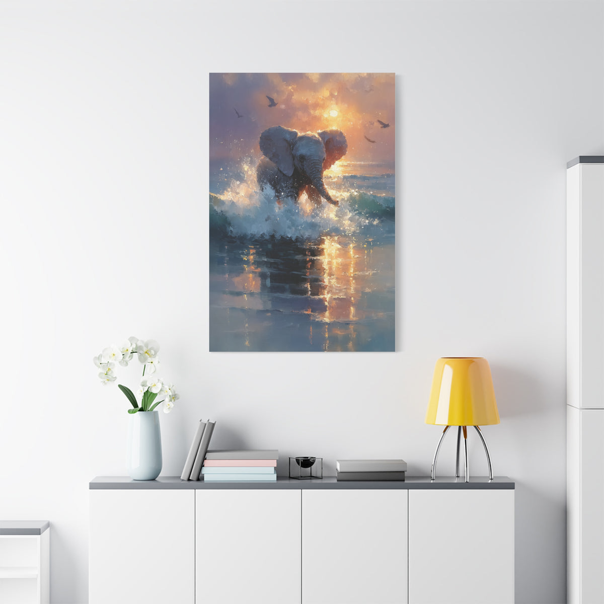 Baby Elephant Ocean Splash Wall Art & Canvas Print