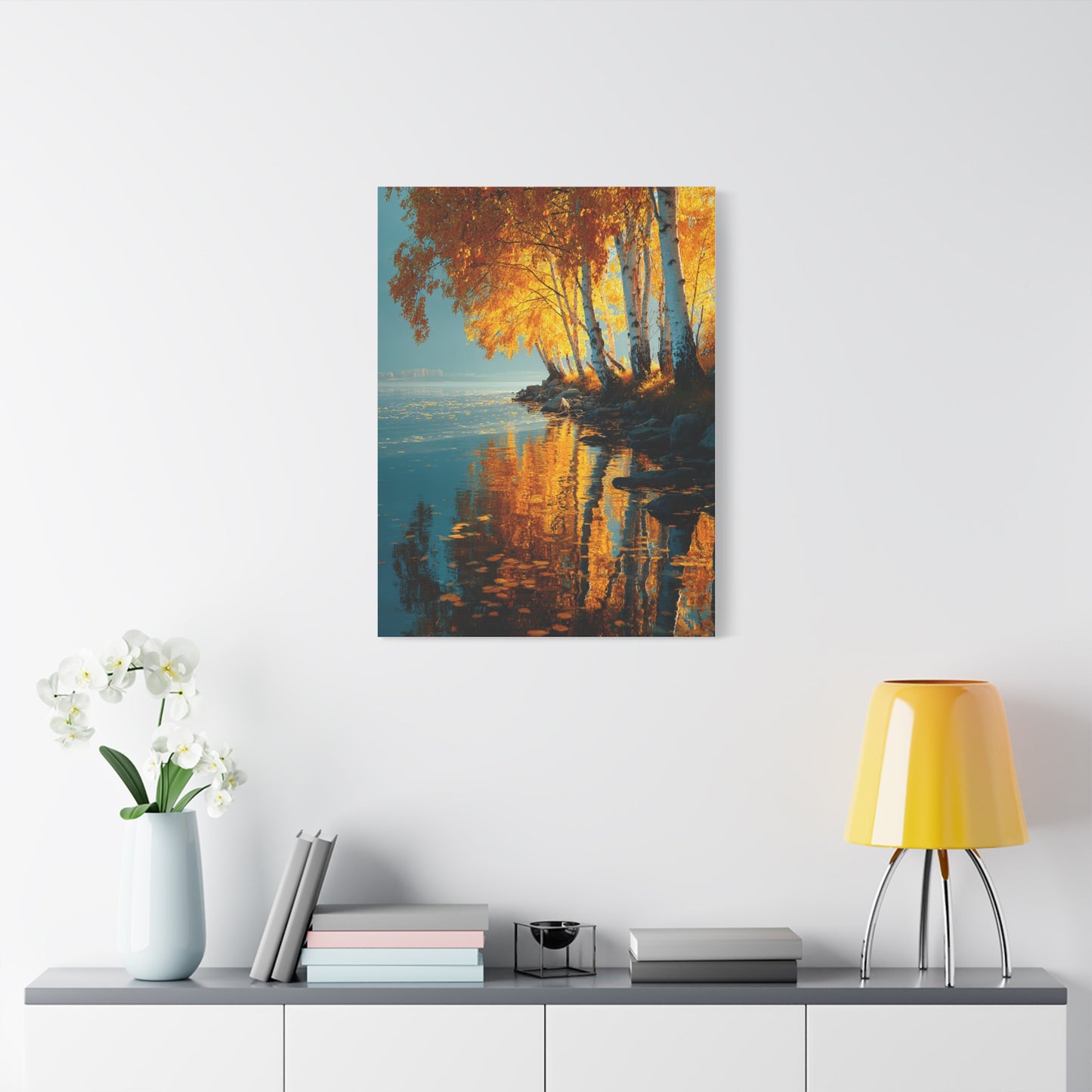 Golden Birch Autumn Lake Reflection Wall Art & Canvas Print
