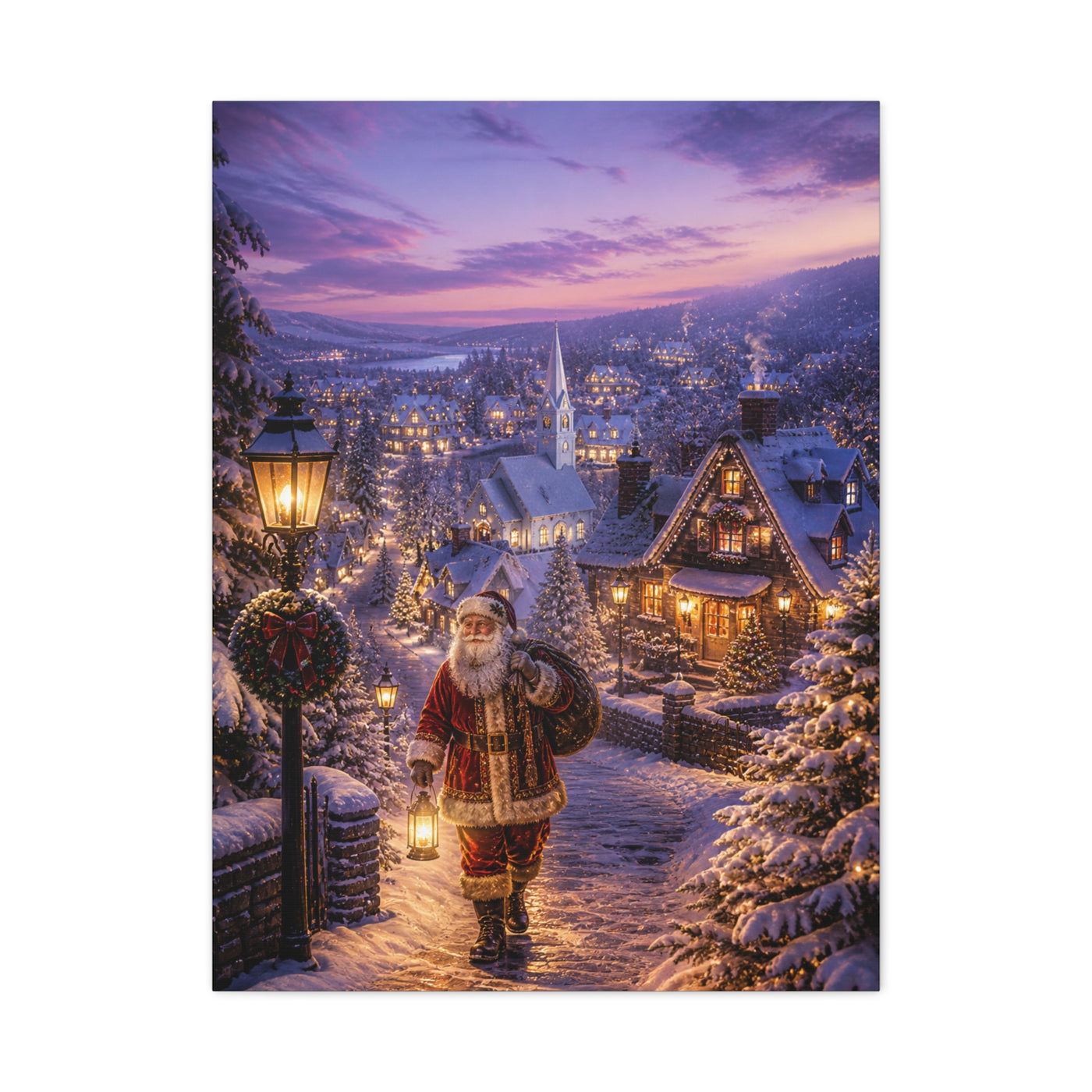 Snowy Village Santa Lantern Walk Wall Art & Canvas Print