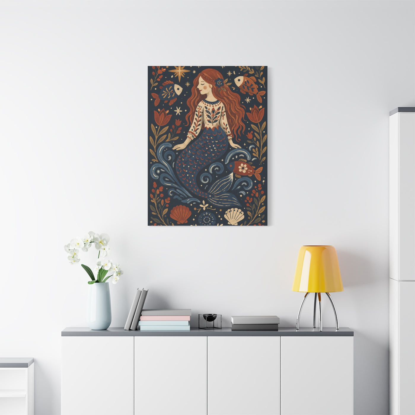 Scandinavian Folk Mermaid Charm Wall Art & Canvas Print