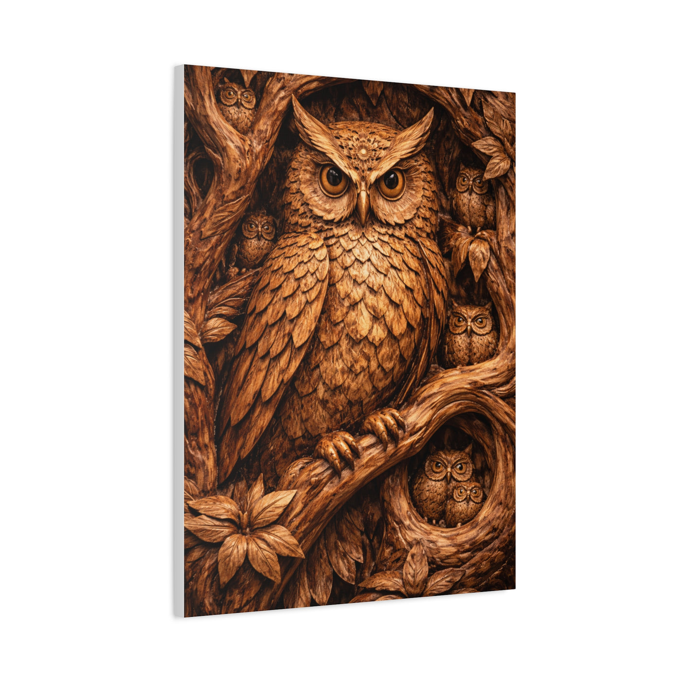 Hand-Carved Owl Family Wood Relief Wall Art & Canvas Print