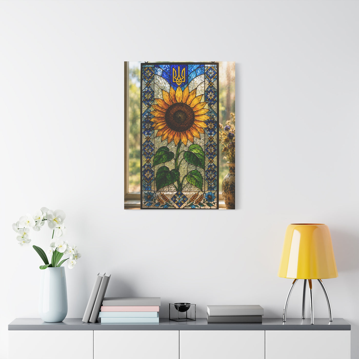Ornate Stained Glass Sunflower Panel Wall Art & Canvas Print
