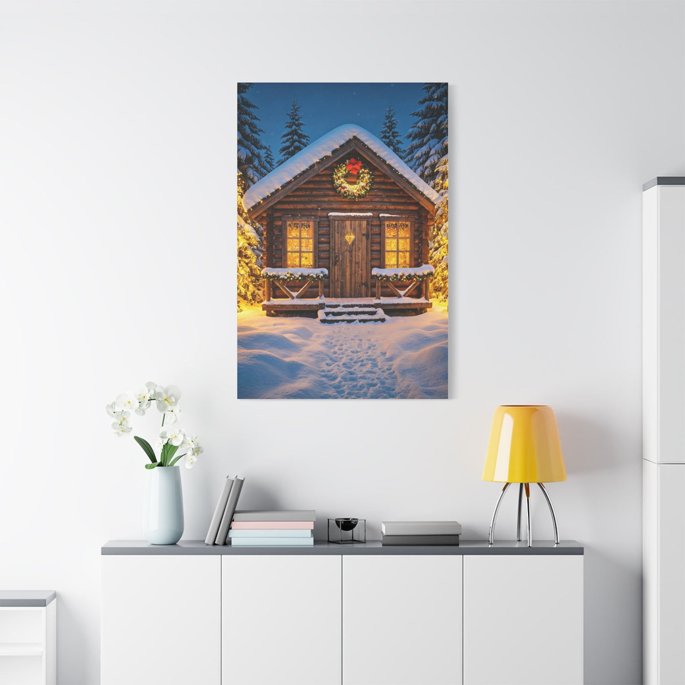 Cozy Snowy Christmas Cabin Among Pine Trees Wall Art & Canvas Print