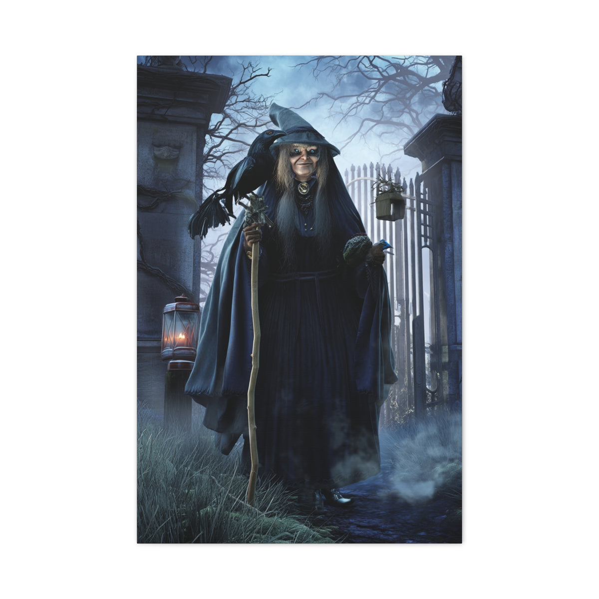 Witch with Raven at the Moonlit Cemetery Gate Wall Art & Canvas Print