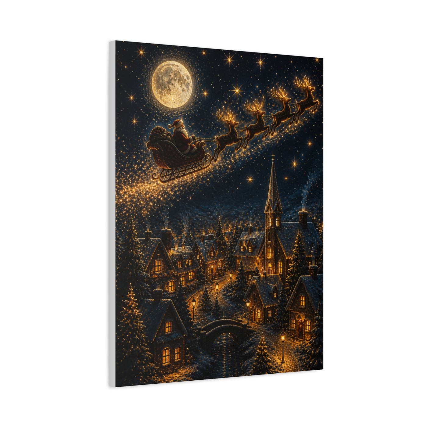 Moonlit Santa Sleigh Over Winter Village Wall Art & Canvas Print