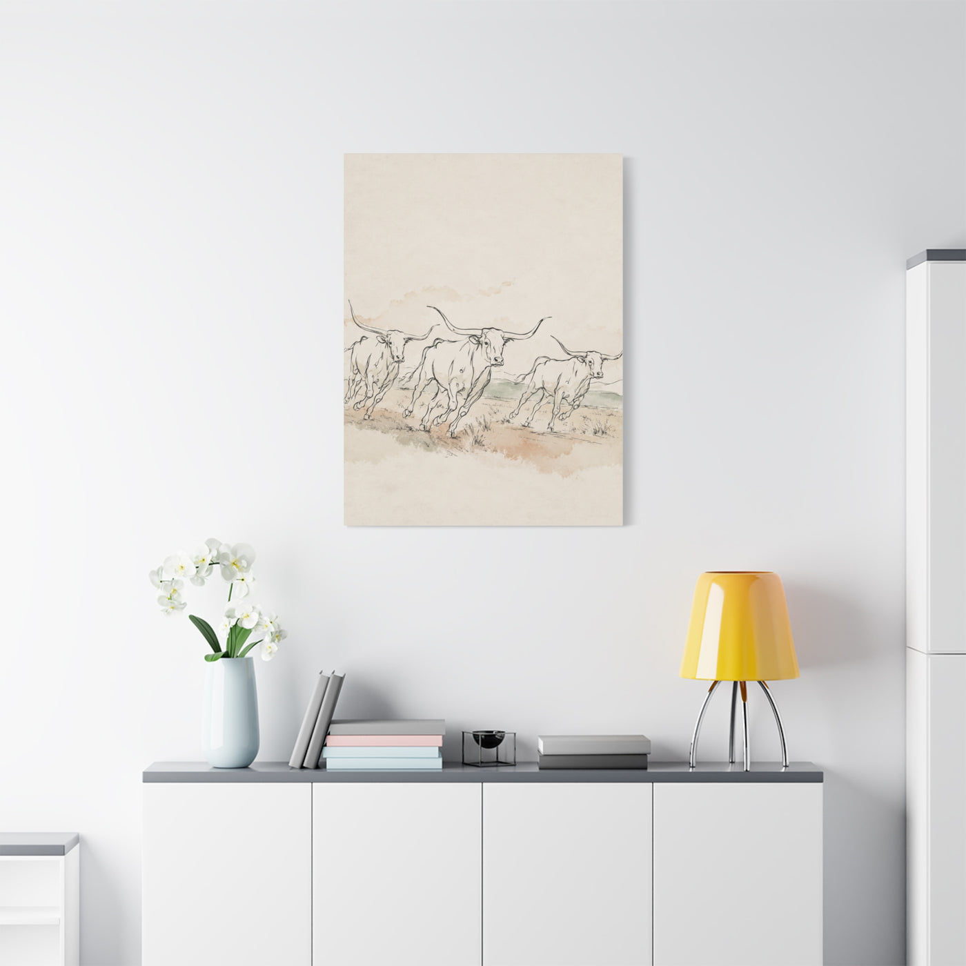 Running Longhorn Line Sketch Panorama Wall Art & Canvas Print
