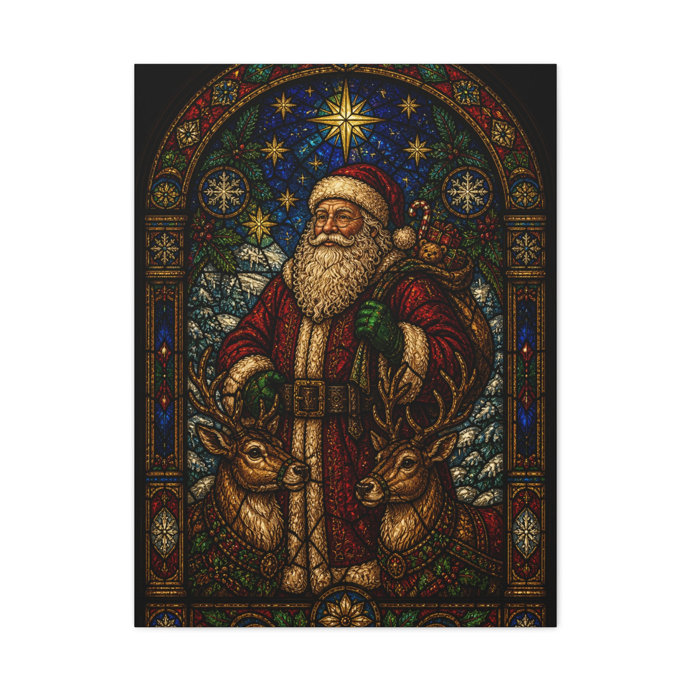 Stained Glass Santa and Reindeer Wall Art & Canvas Print