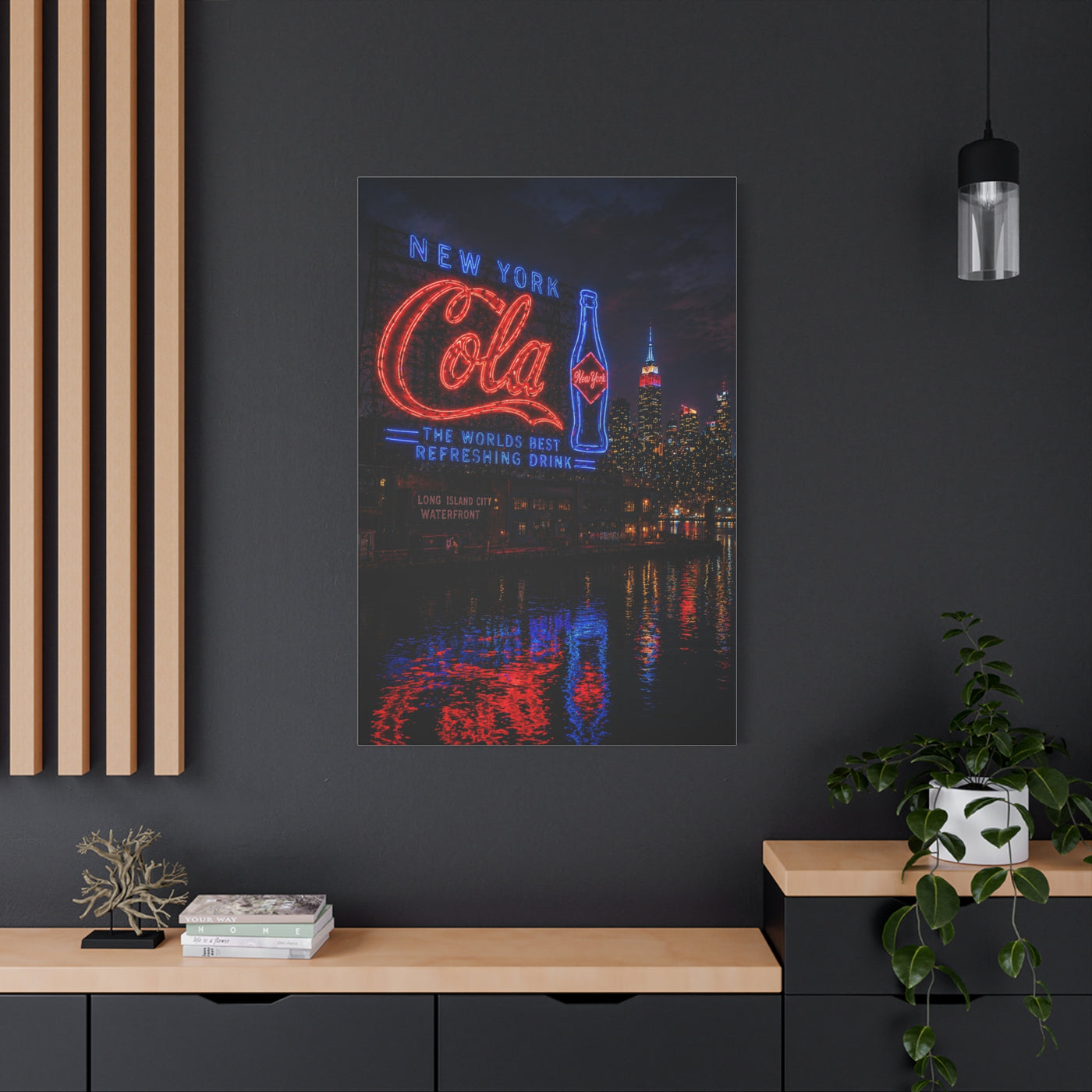 Neon Waterfront Skyline Cola Sign Wall Art & Canvas Print