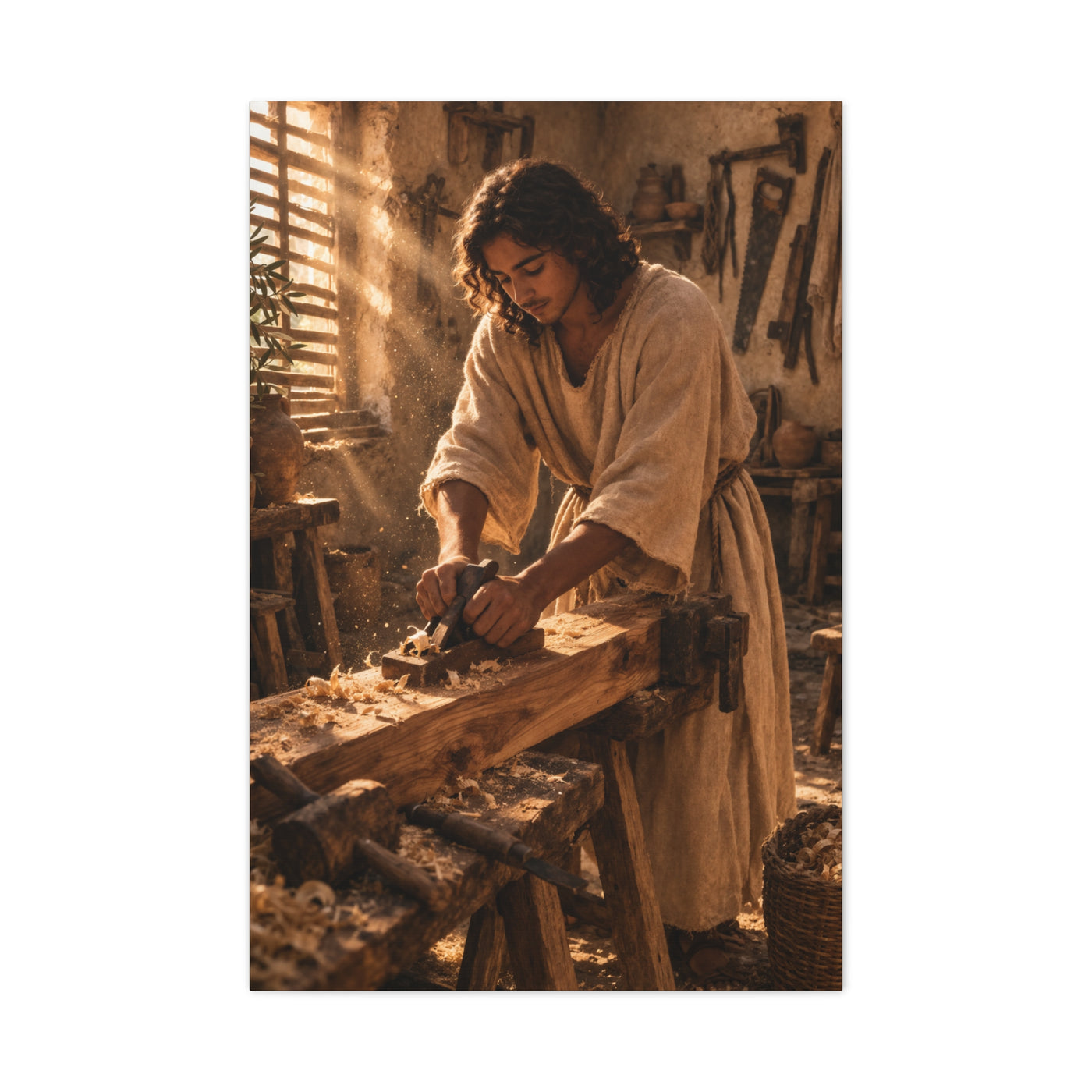 Jesus the Carpenter Workshop Scene Wall Art & Canvas Print