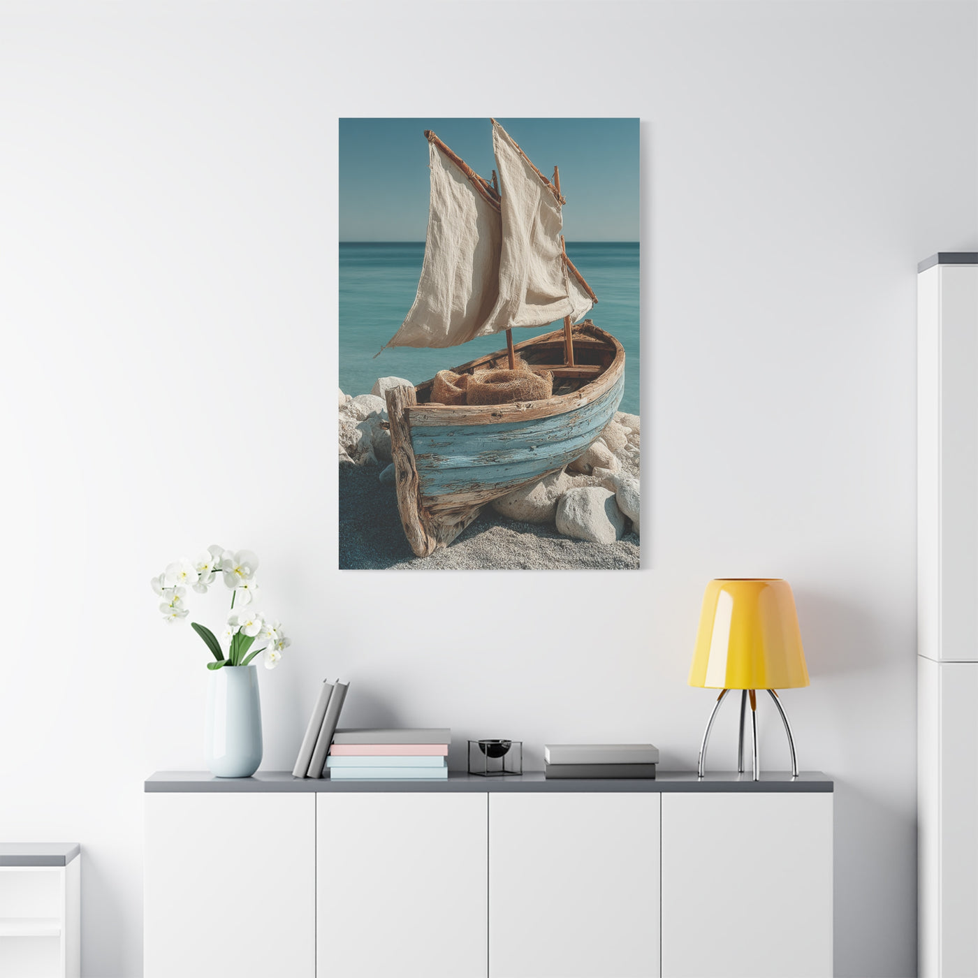Driftwood Sailboat Coastal Sculpture Wall Art & Canvas Print