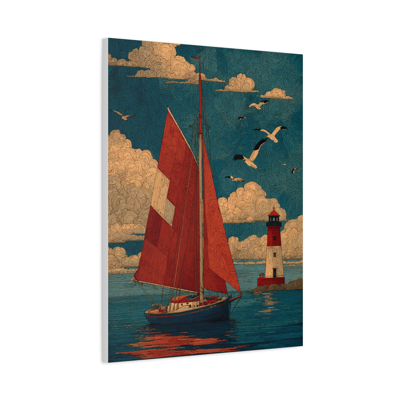 Primitive Coastal Sailboat Folk Wall Art & Canvas Print