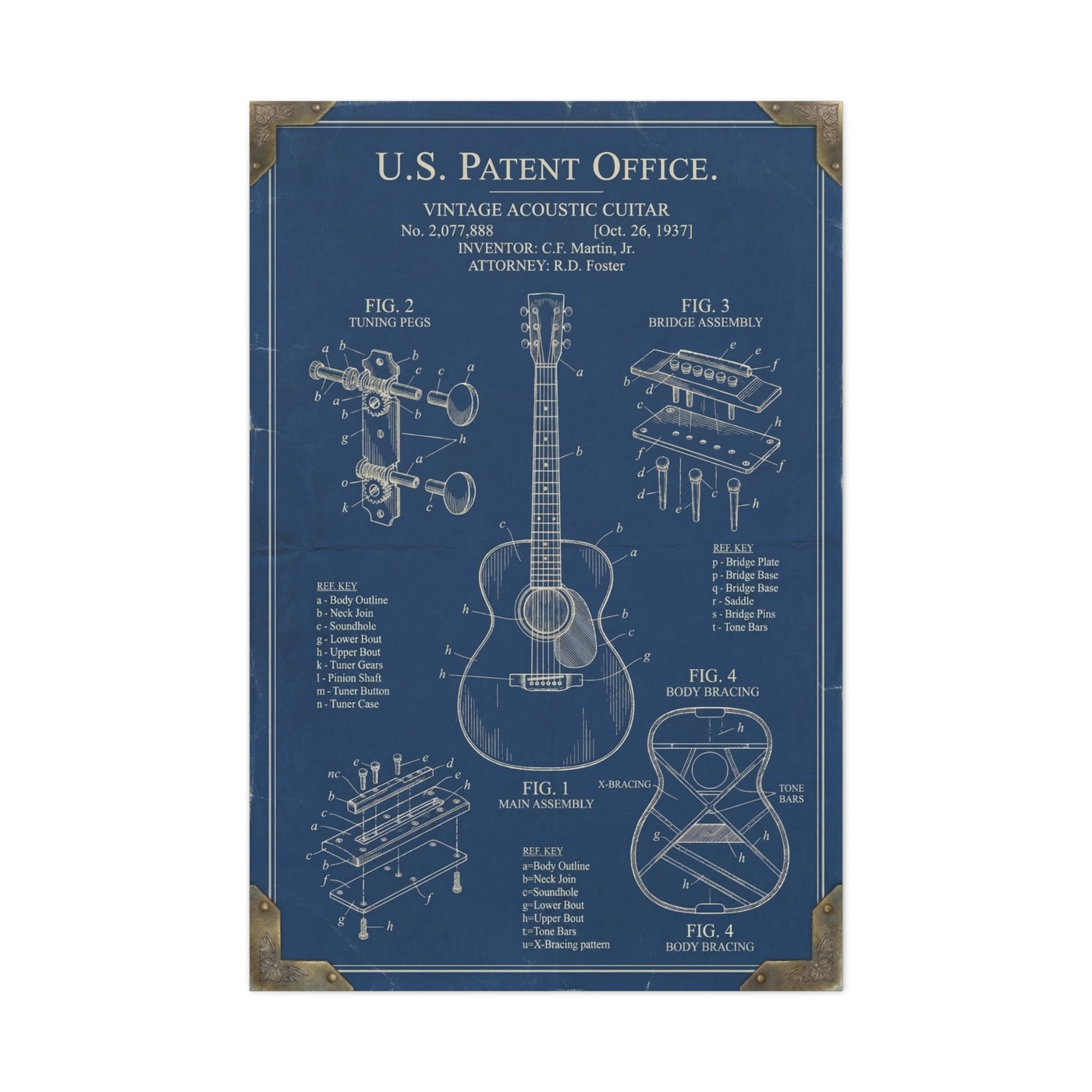 Vintage Acoustic Guitar Patent Blueprint Wall Art & Canvas Print