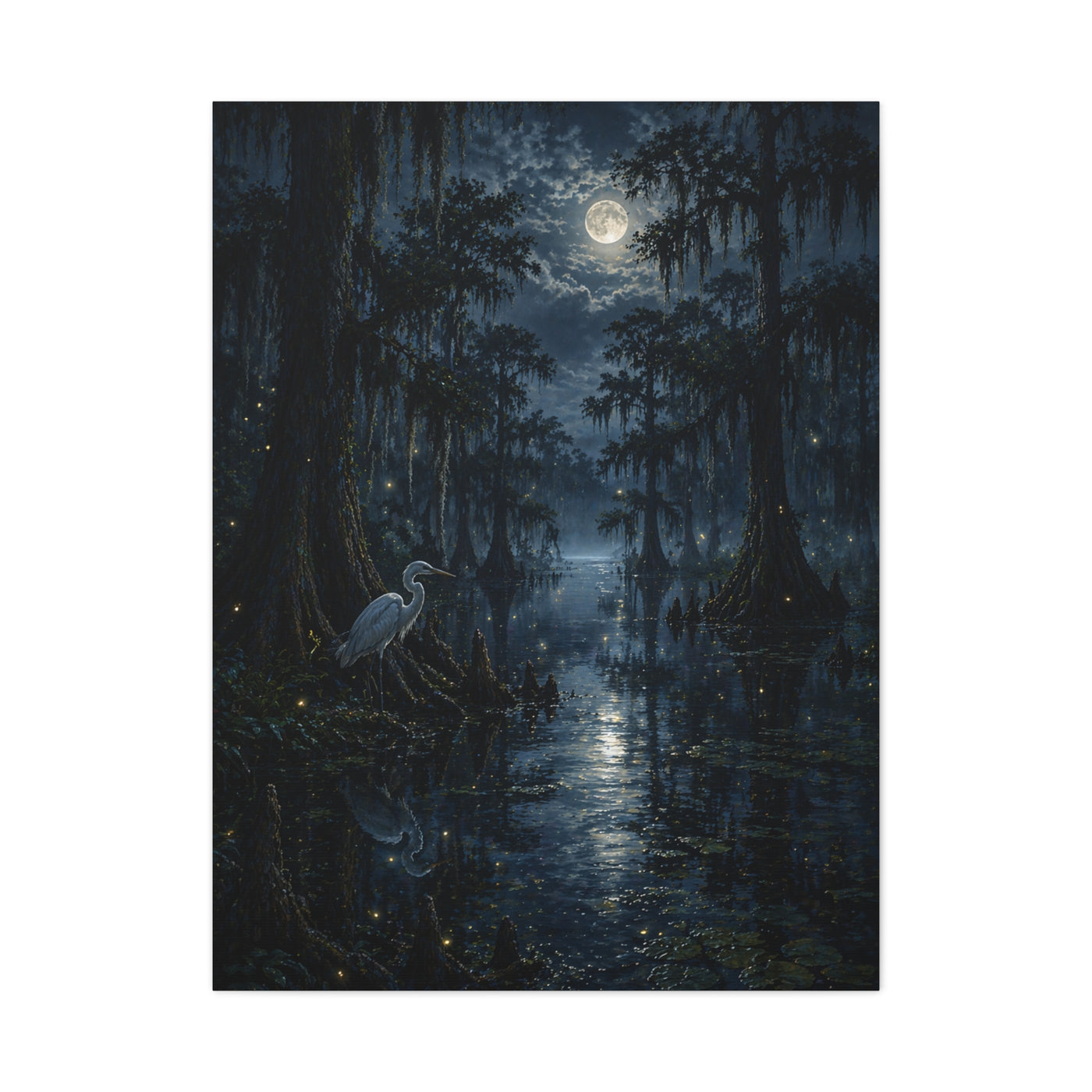 Moonlit Bayou Heron Scene Wall Art & Canvas Print
