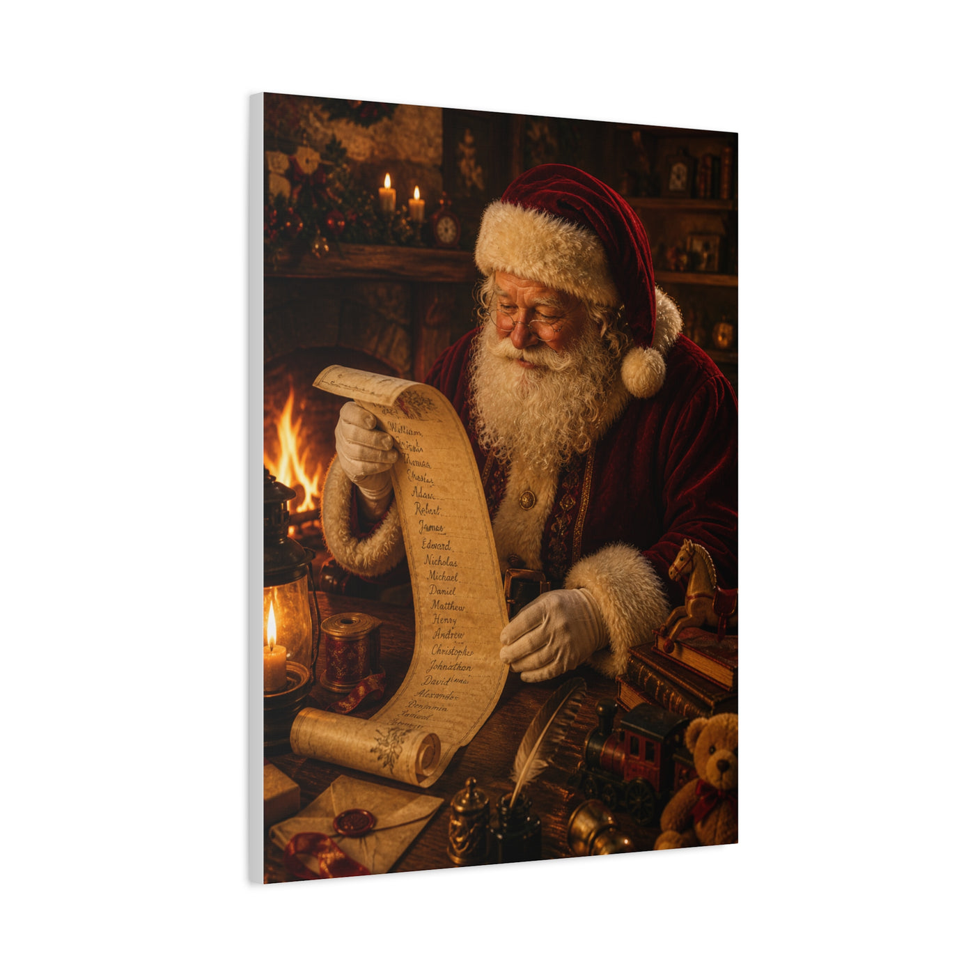 Santa Checking the Christmas List Wall Art & Canvas Print