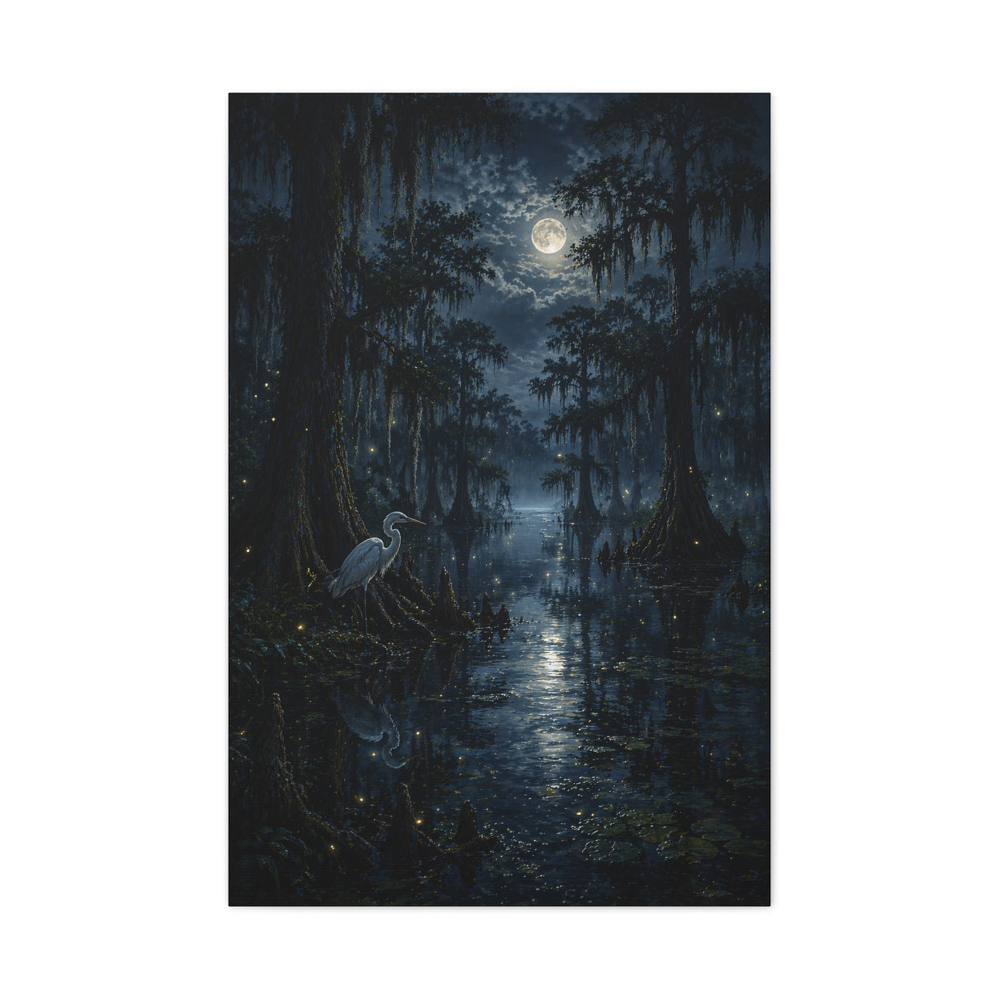Moonlit Bayou Heron Scene Wall Art & Canvas Print