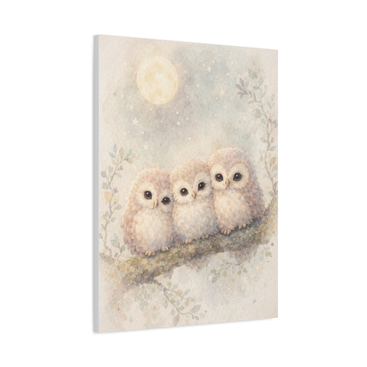 Moonlit Owlet Trio Watercolor Wall Art & Canvas Print