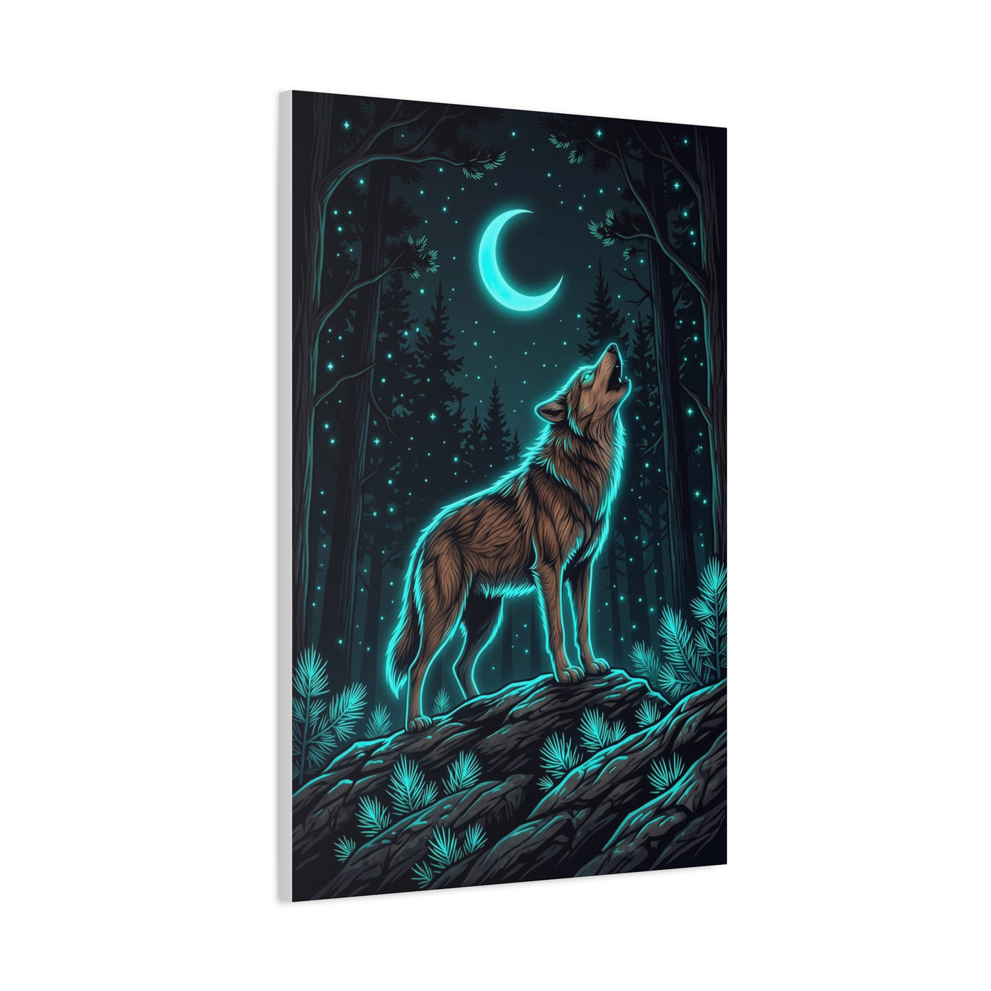 Moonlit Forest Wolf Neon Outline Scene Wall Art & Canvas Print