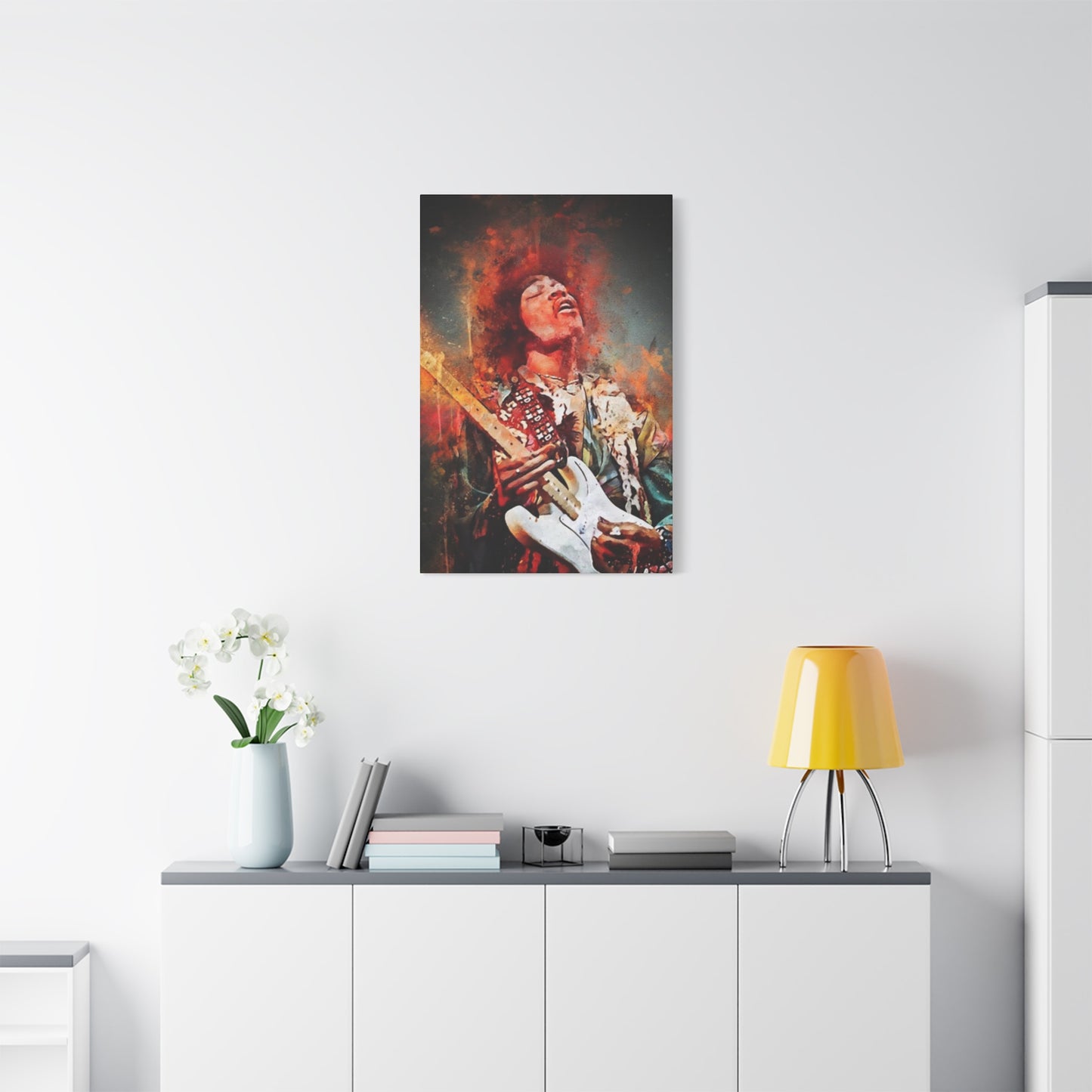Colorful Jimi Hendrix Playing Guitar Poster Wall Art & Canvas Prints
