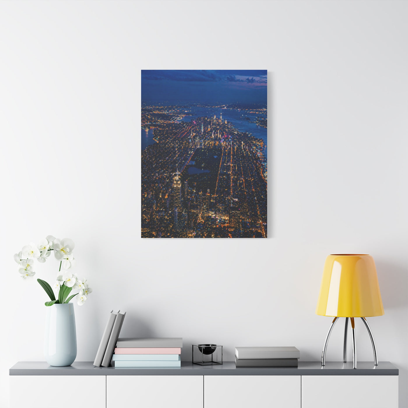 Aerial Manhattan Night Grid Wall Art & Canvas Print