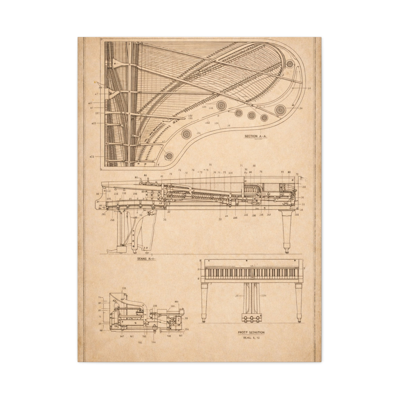 Grand Piano Blueprint Study Wall Art & Canvas Print