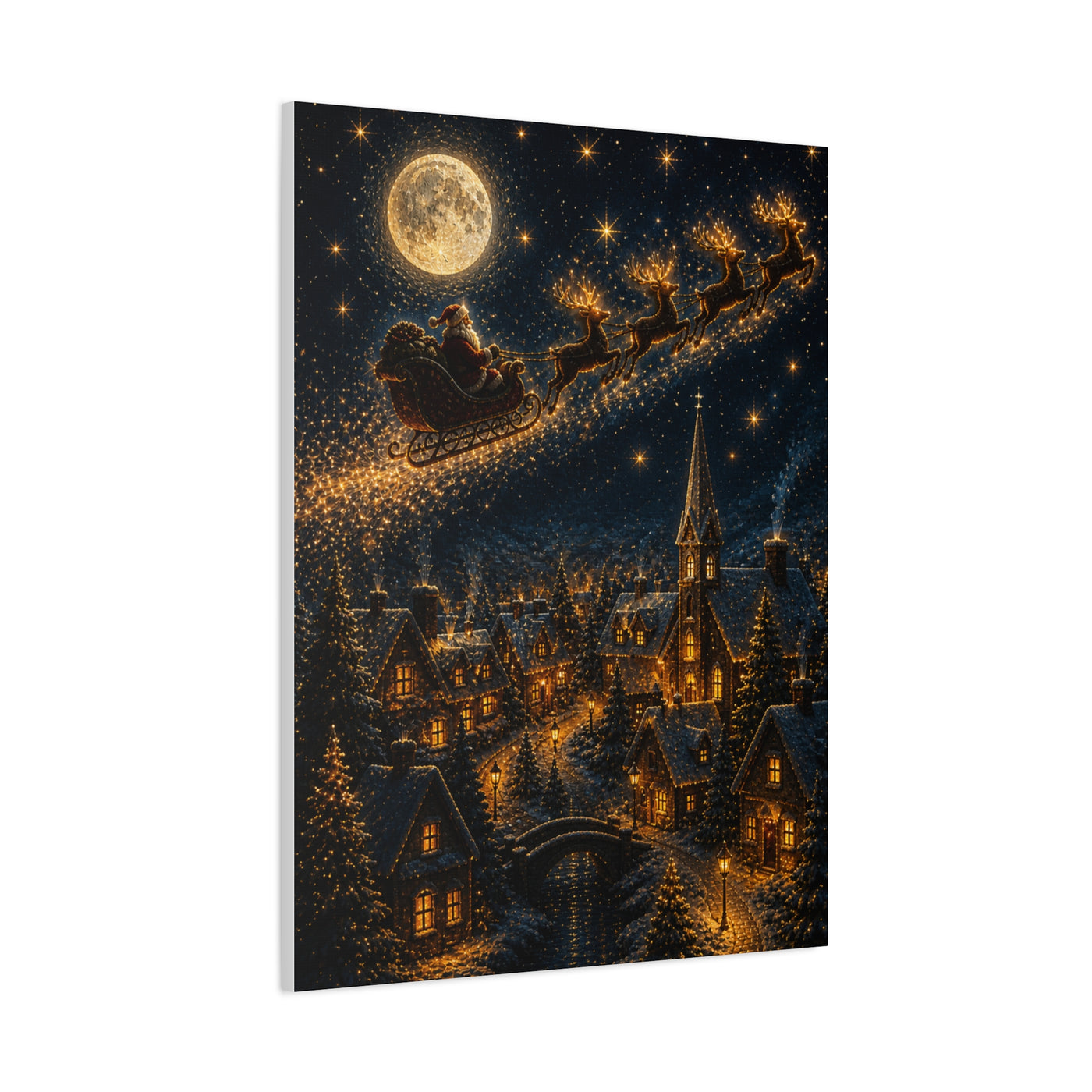 Moonlit Santa Sleigh Over Winter Village Wall Art & Canvas Print