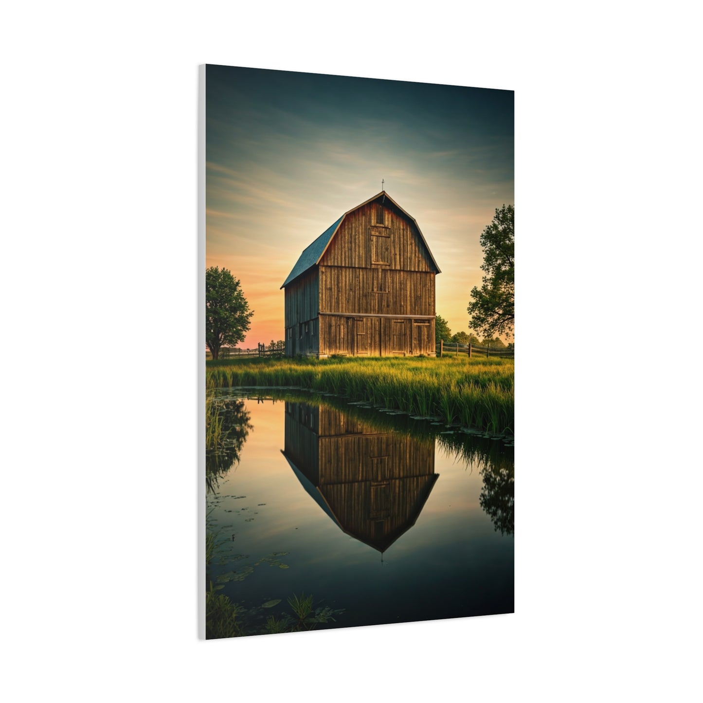 Reflected Barn in Tranquil Waters Wall Art & Canvas Prints