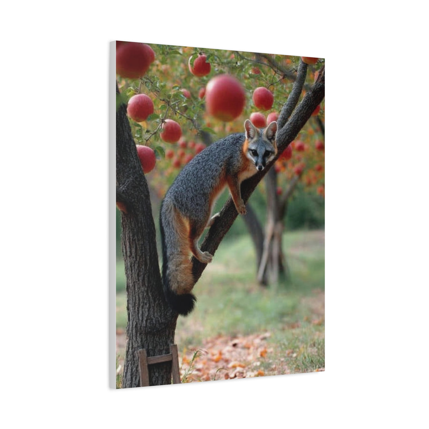 Orchard Gray Fox Climbing Apple Tree Wall Art & Canvas Print