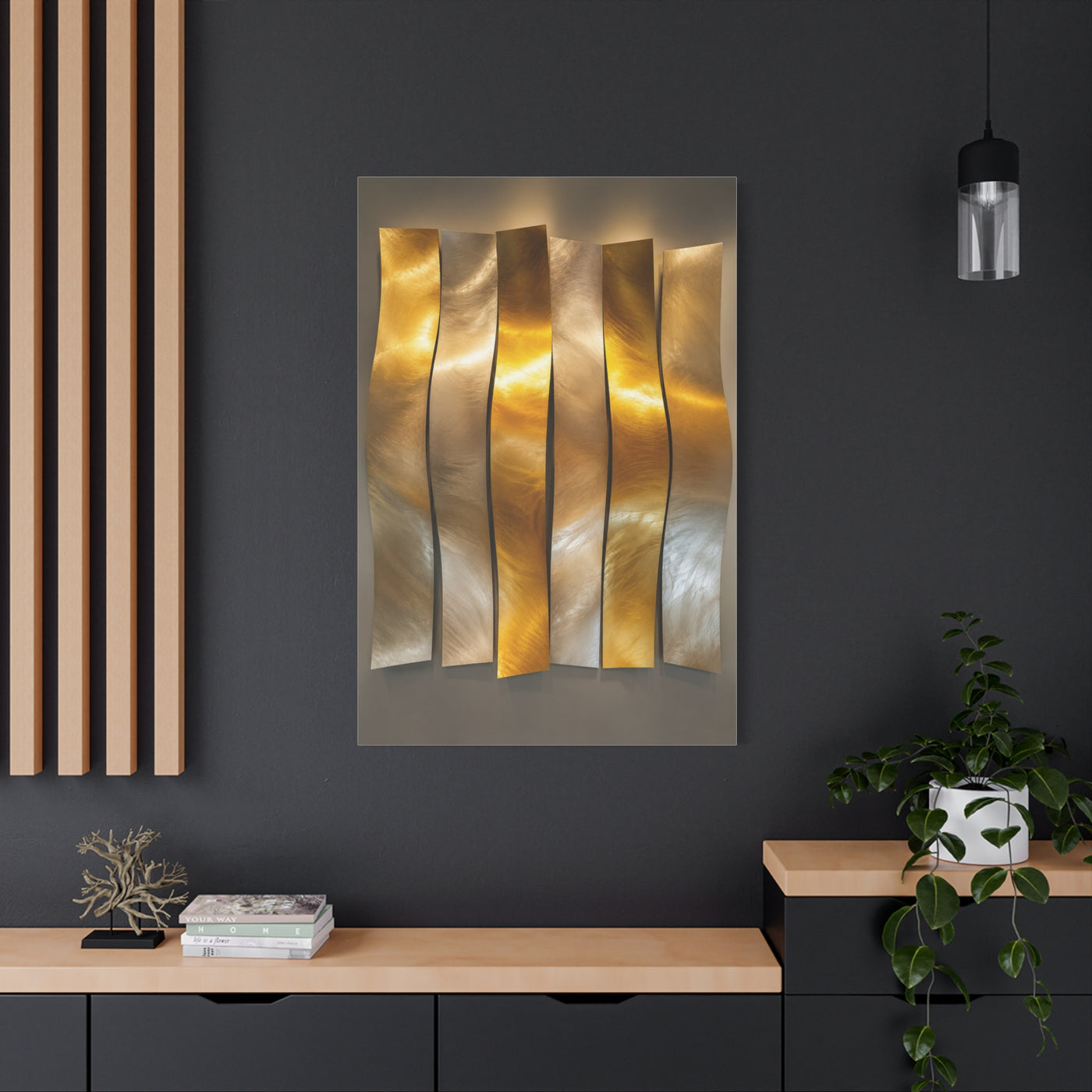 Polished Gold Panel Sculptural Wave Installation Wall Art & Canvas Print
